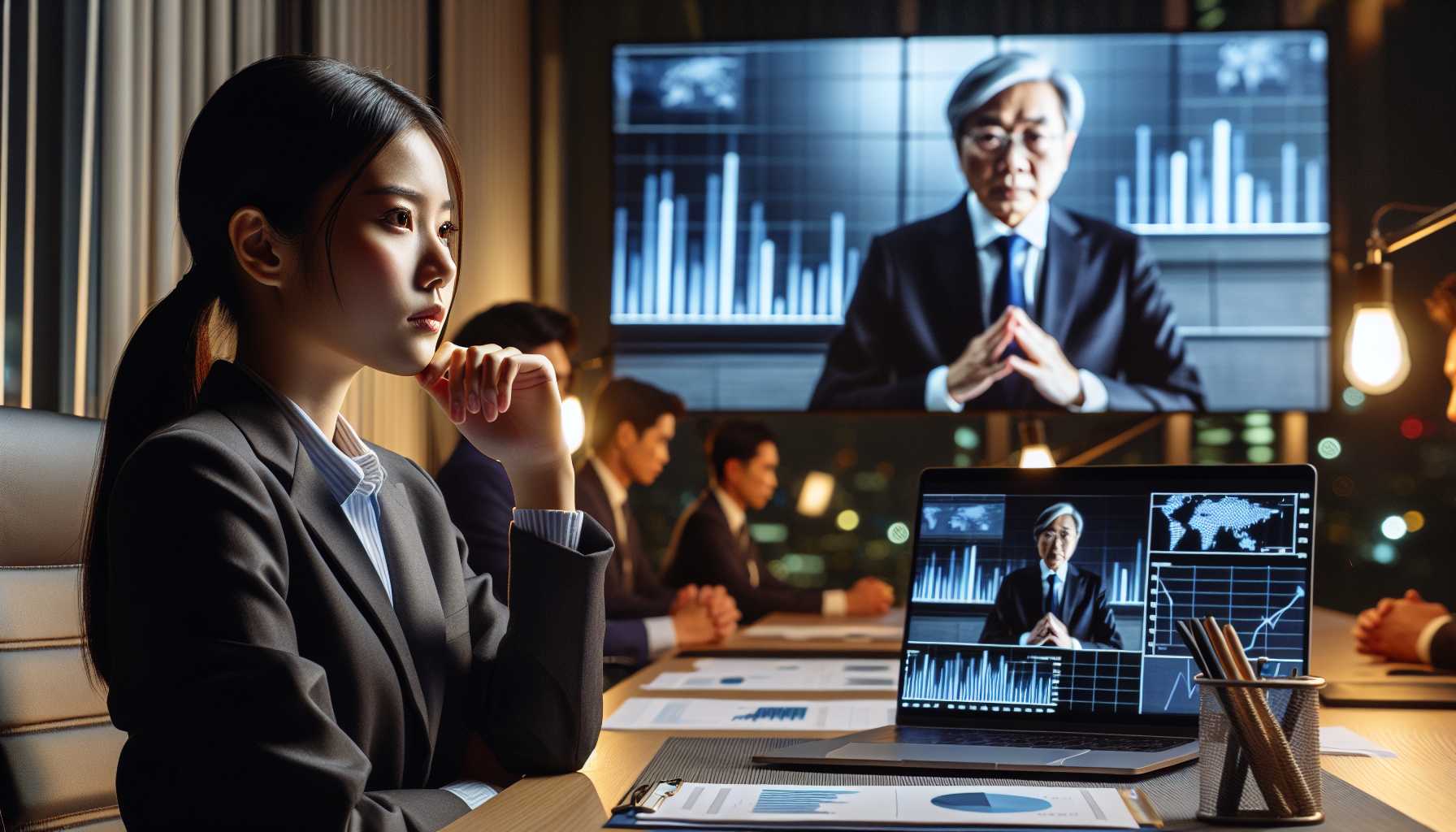 a serious investor watching a speech by the Federal Reserve Chairman on a screen