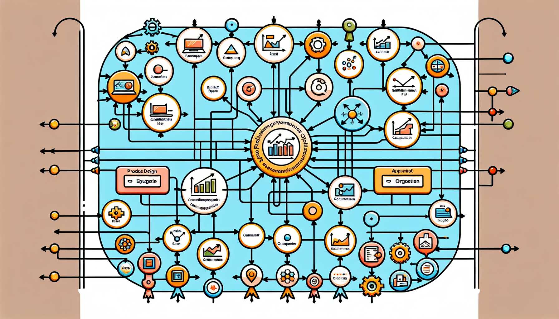 organigram-like illustration of the software product KPI tracking process with interconnected departmental inputs