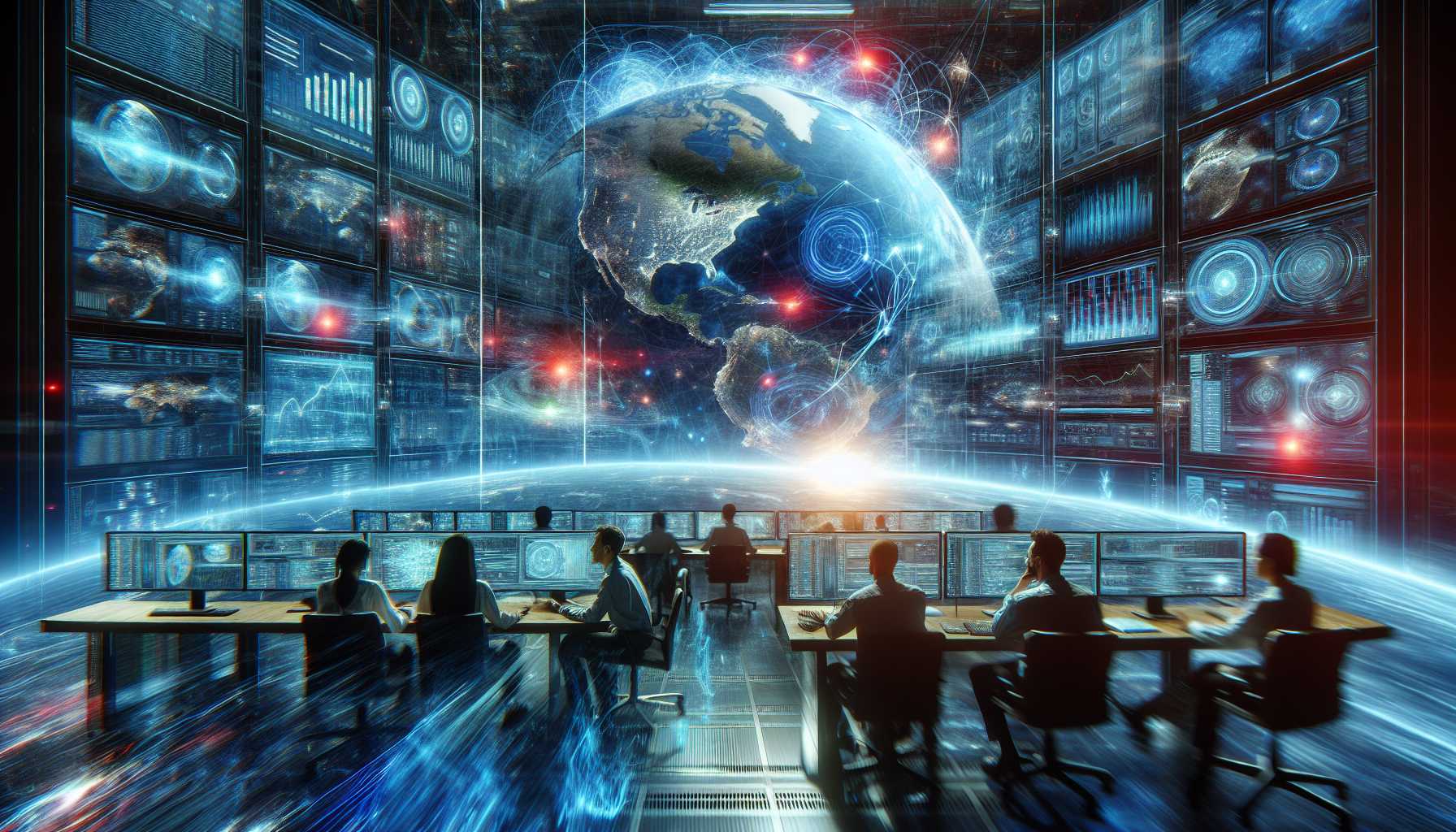 A futuristic depiction of a cyberattack on a multinational technological corporation