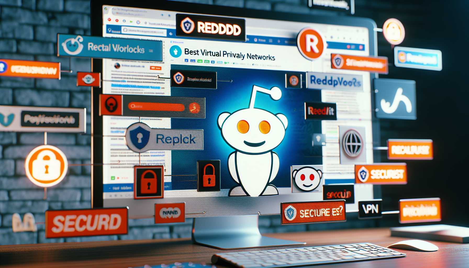 Reddit community discussing the best VPNs on a computer screen with visible VPN logos and a secure padlock symbol