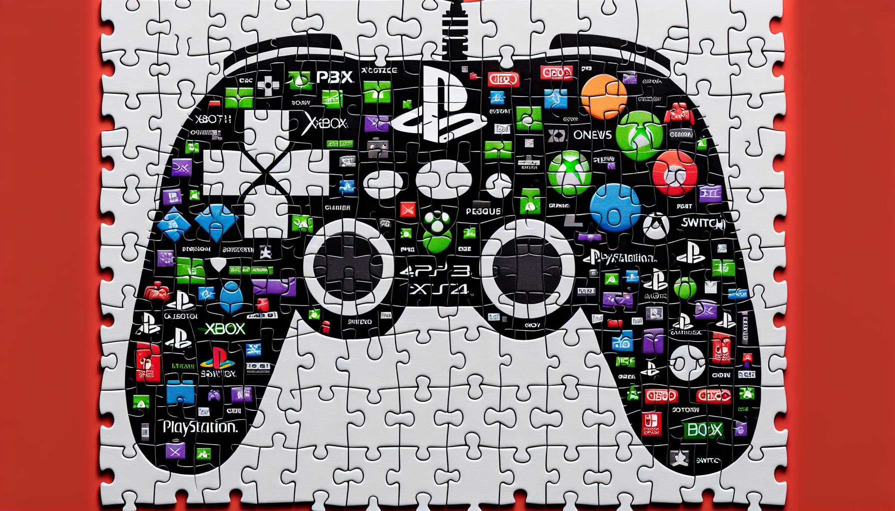 puzzle pieces labeled with different gaming platforms fitting into one large game controller