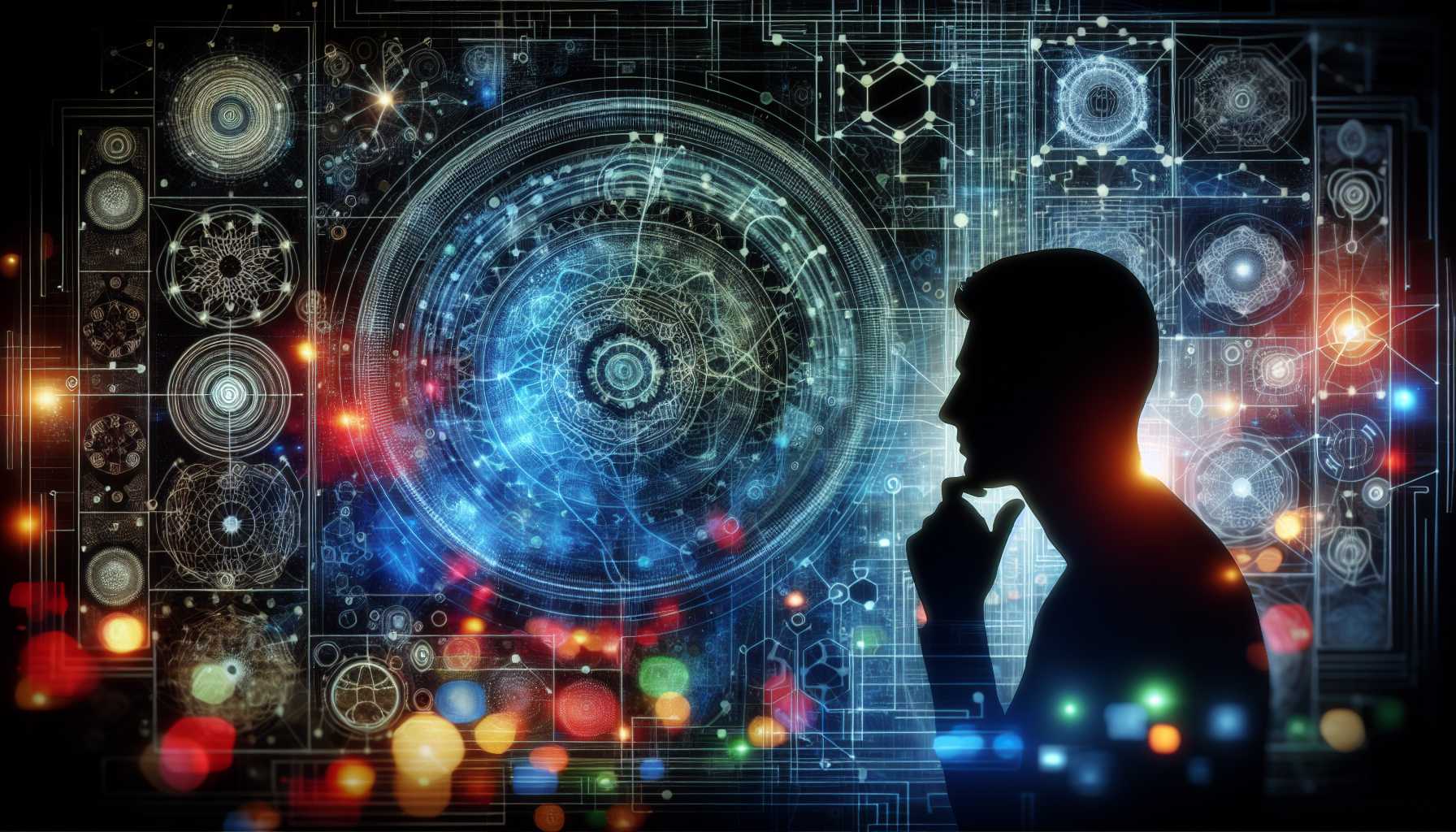 Silhouette of a person thinking in front of a backdrop of AI and network connections