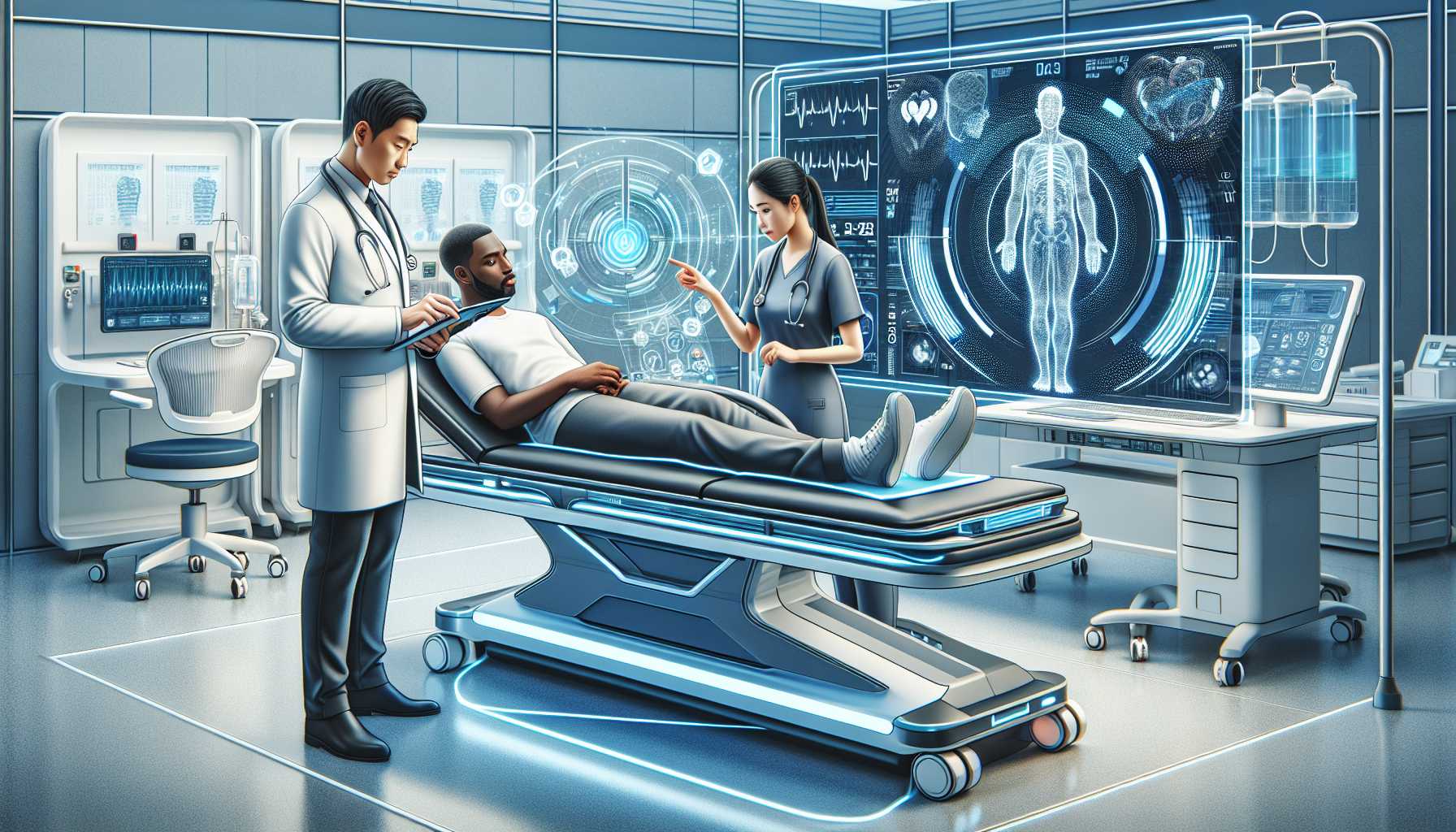 illustration of patients and doctors in a tech-driven healthcare environment