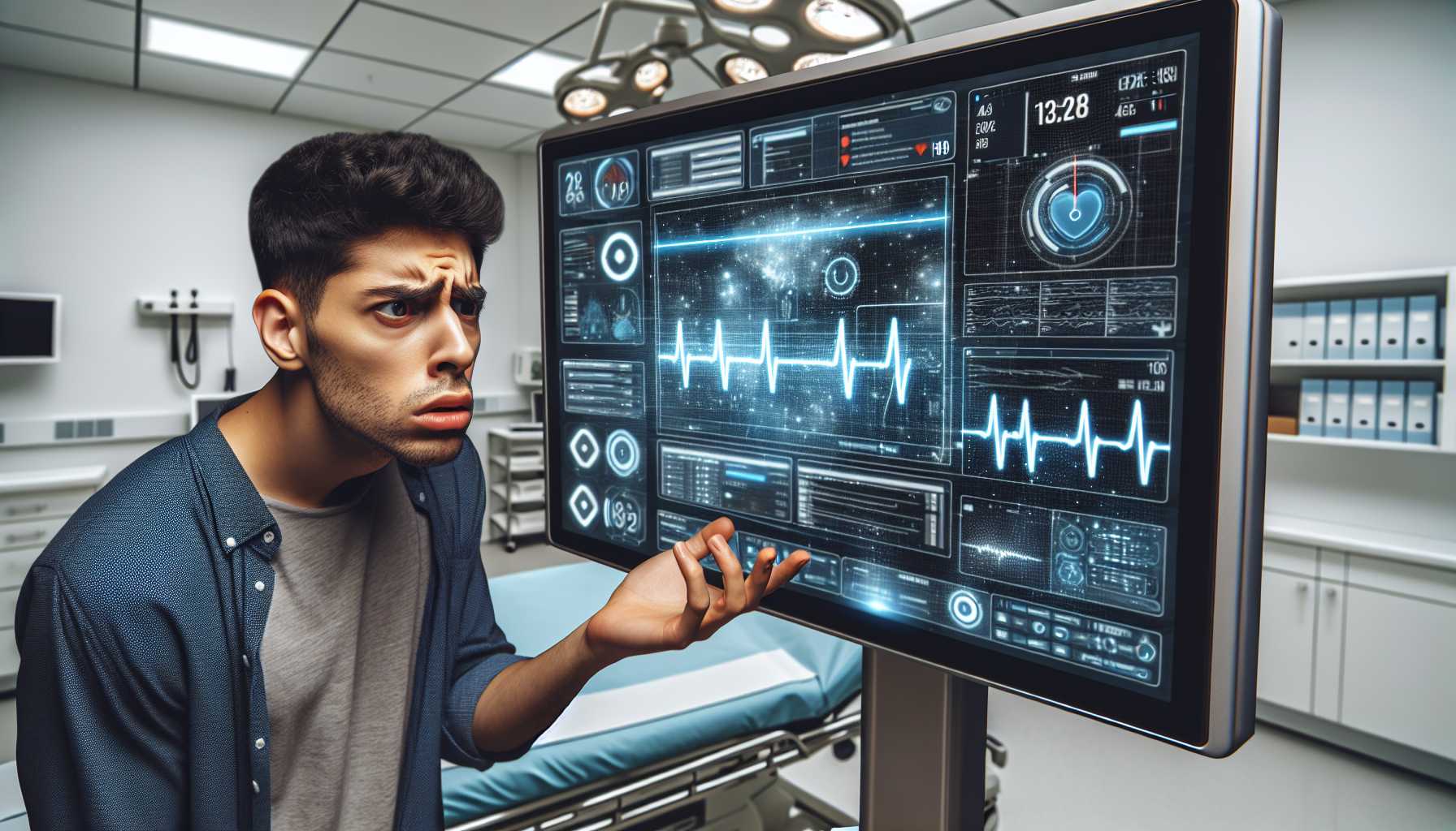 a puzzled patient faces a digital triage interface