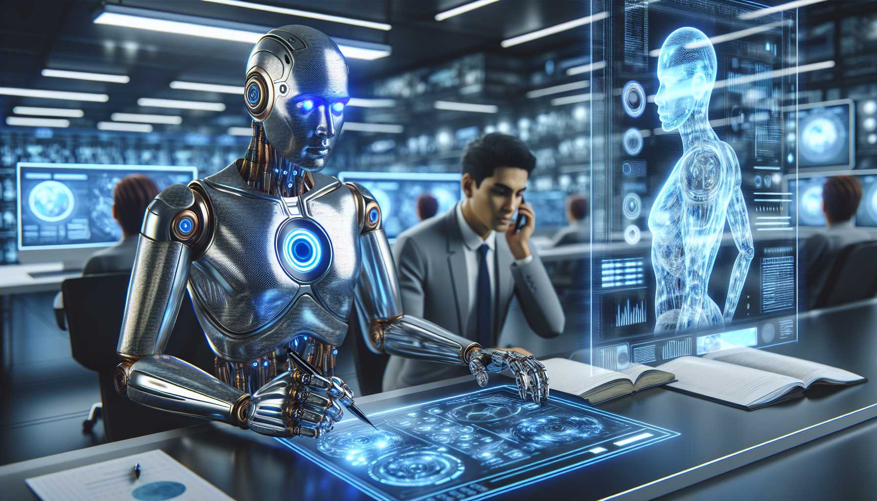 Artificial intelligence concept with 3D rendering cyborg help human working in futuristic interface