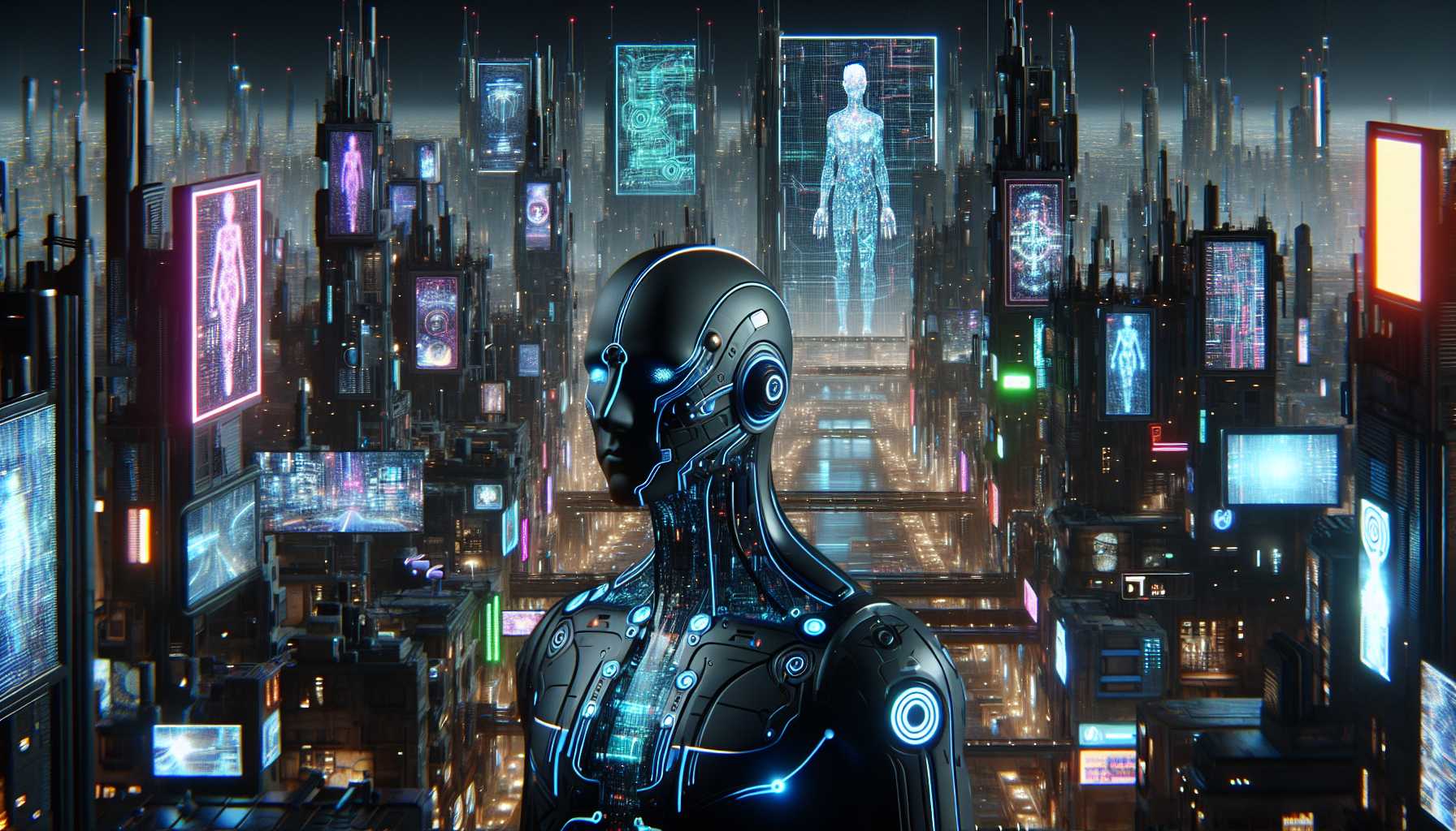 Futuristic avatar of a non-player character in a cyberpunk-themed video game environment