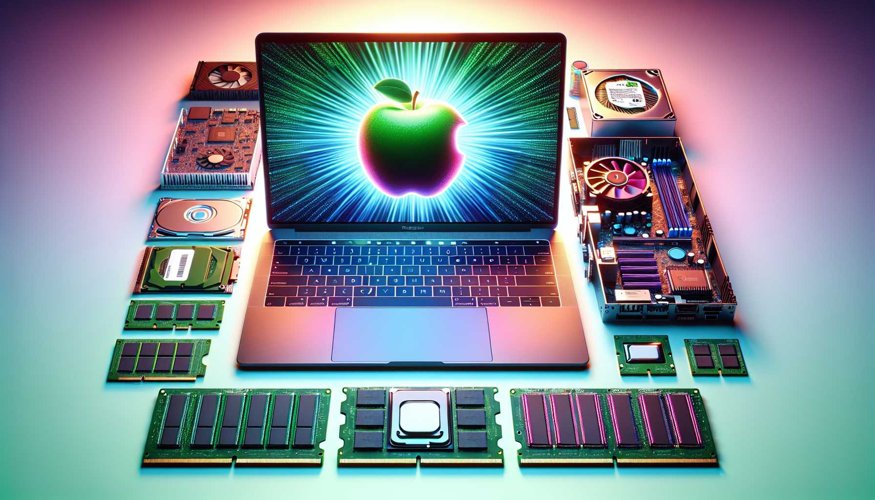 a glowing laptop with macOS interface juxtaposed with PC hardware components