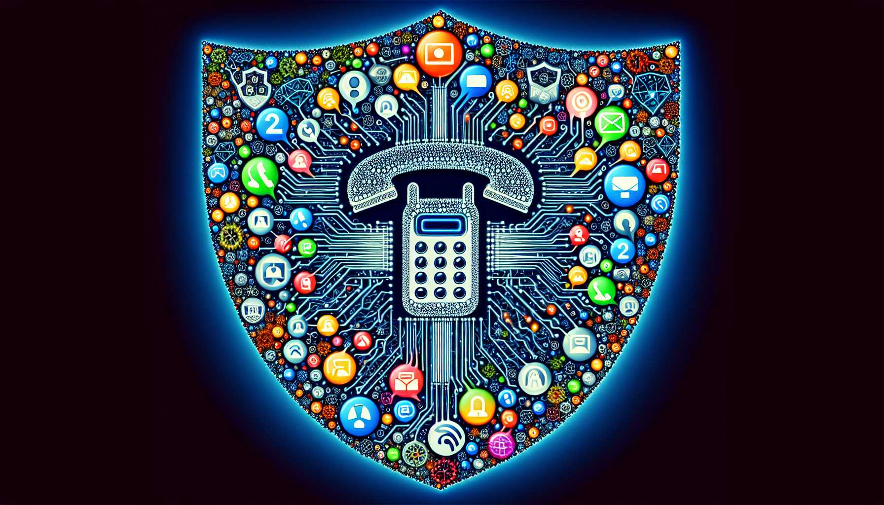 a shield symbol interposed with spam call notifications and AI circuitry