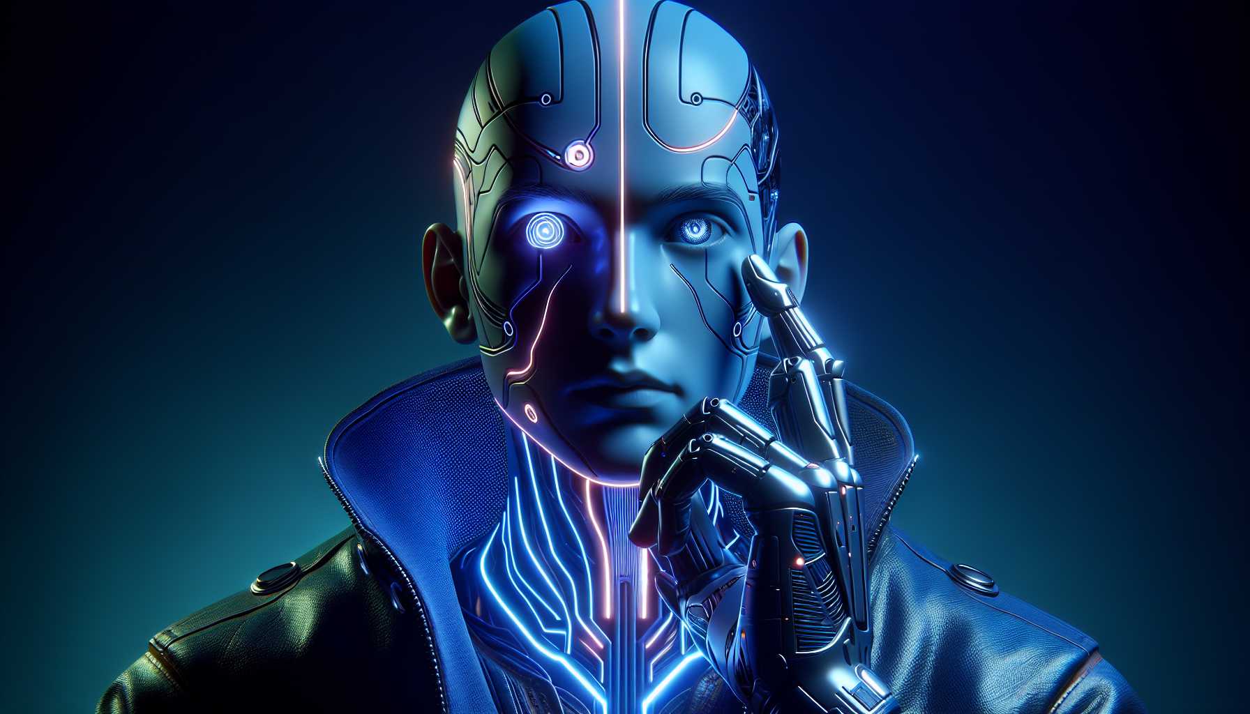 a futuristic NPC from a video game with an emotional expression