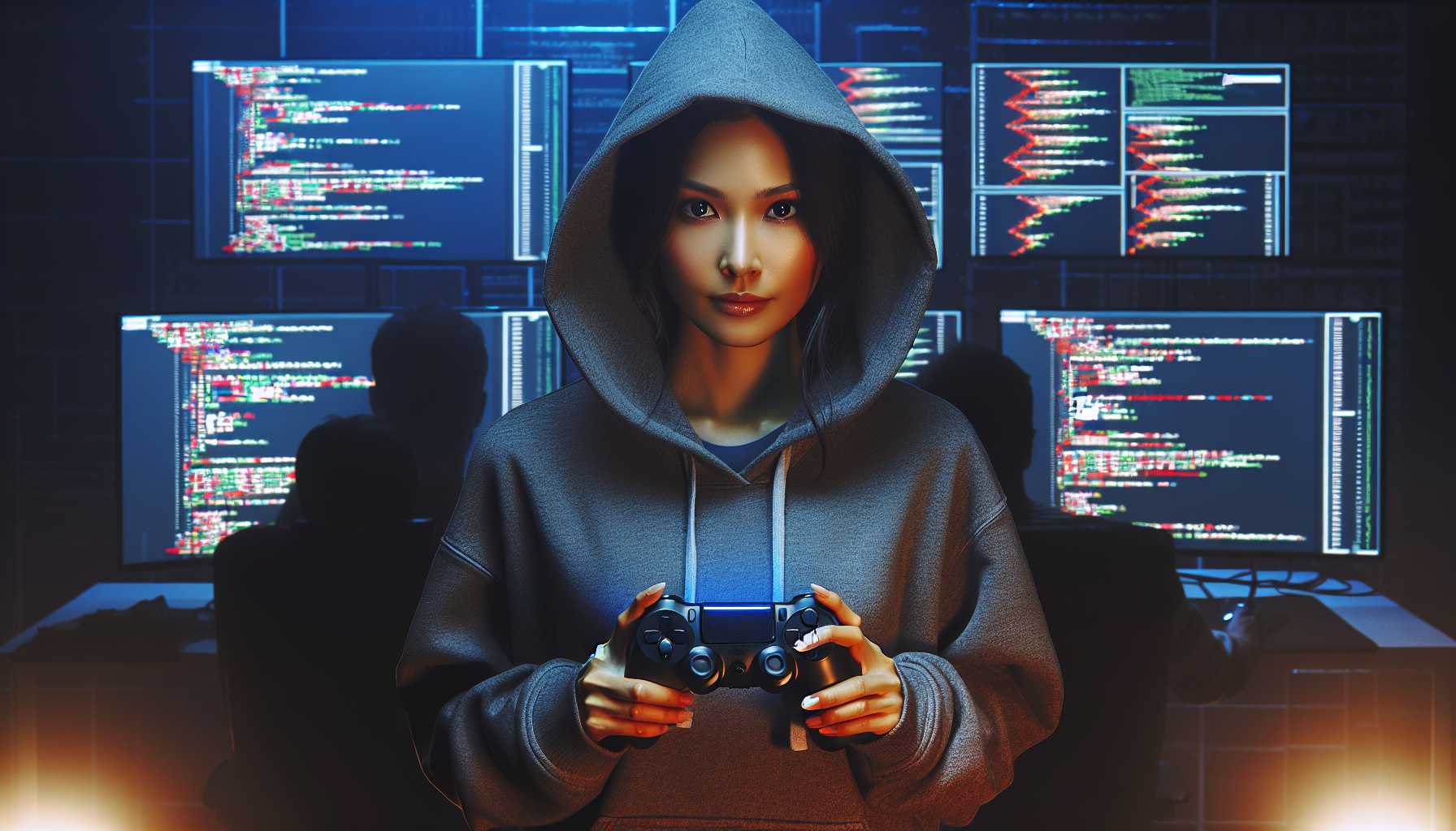 an illustration of a hacker in a hoodie with a game controller and code in the background