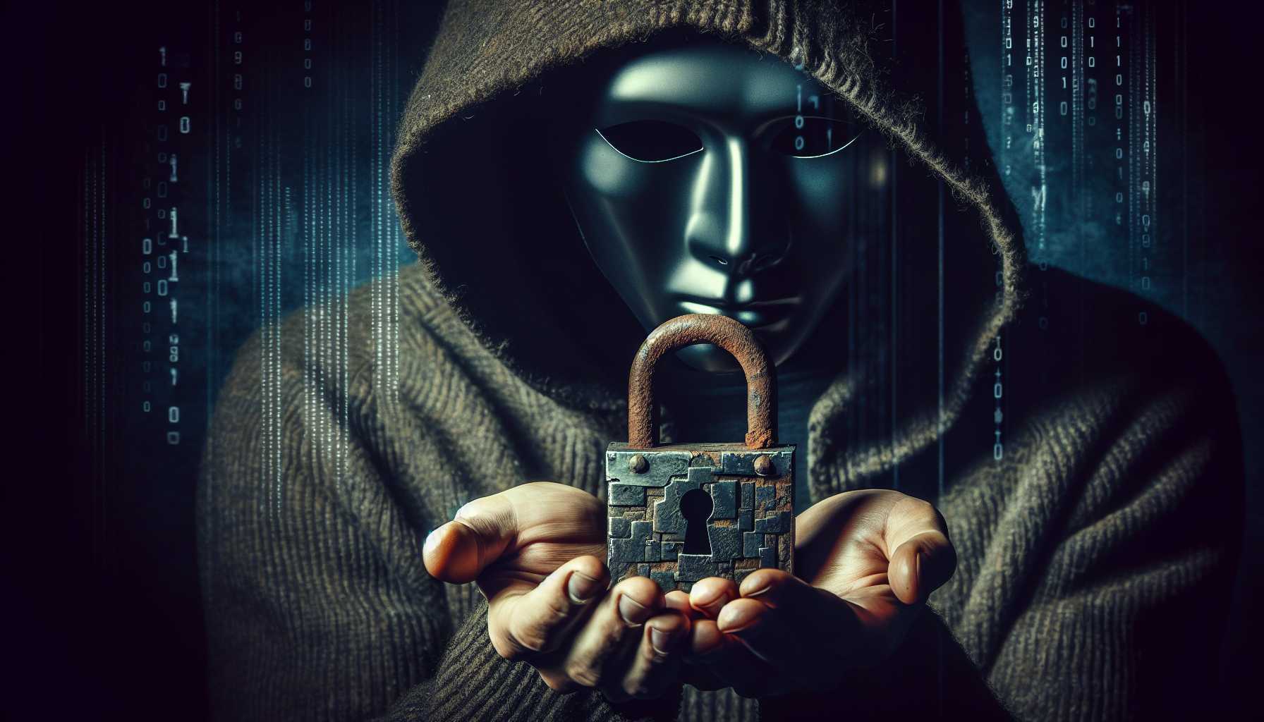 a graphic of a hacker wearing a mask and holding a lock, symbolizing cybersecurity