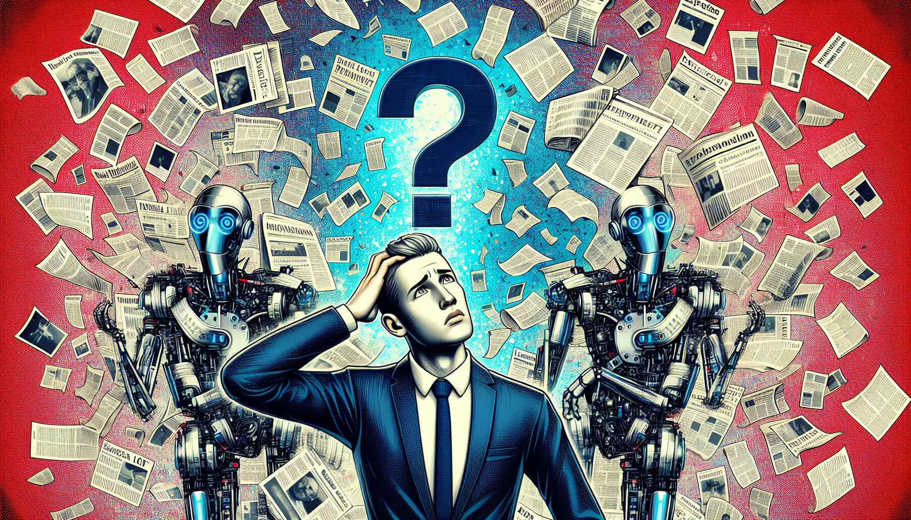 a person scratching their head with a question mark surrounded by snippets of news articles and AI robots