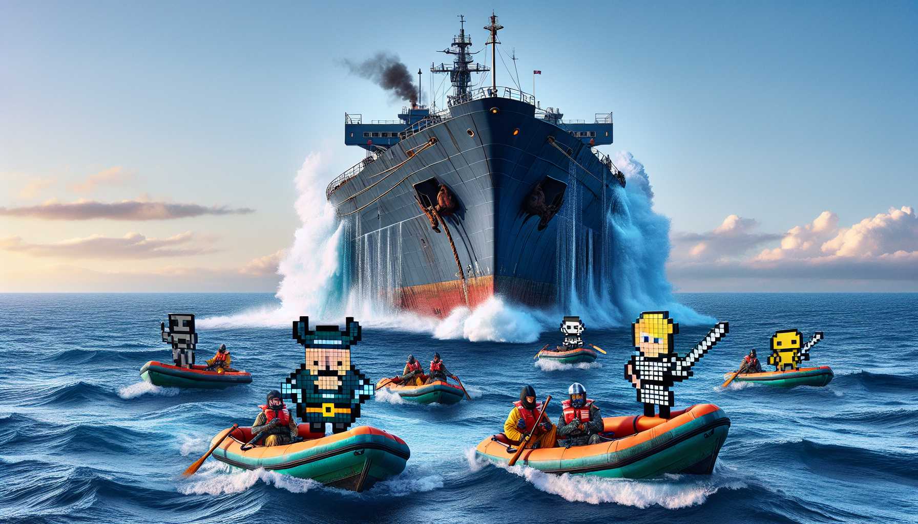 a sinking ship with video game characters on lifeboats, symbolizing game piracy