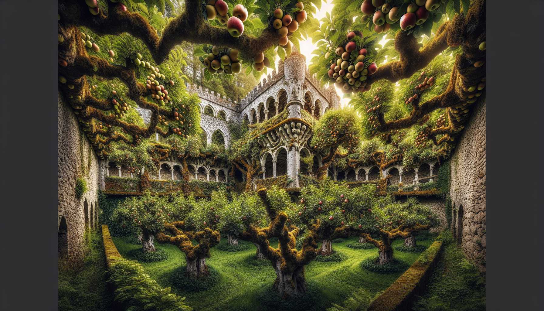 complicated apple orchard with tall walls like a castle