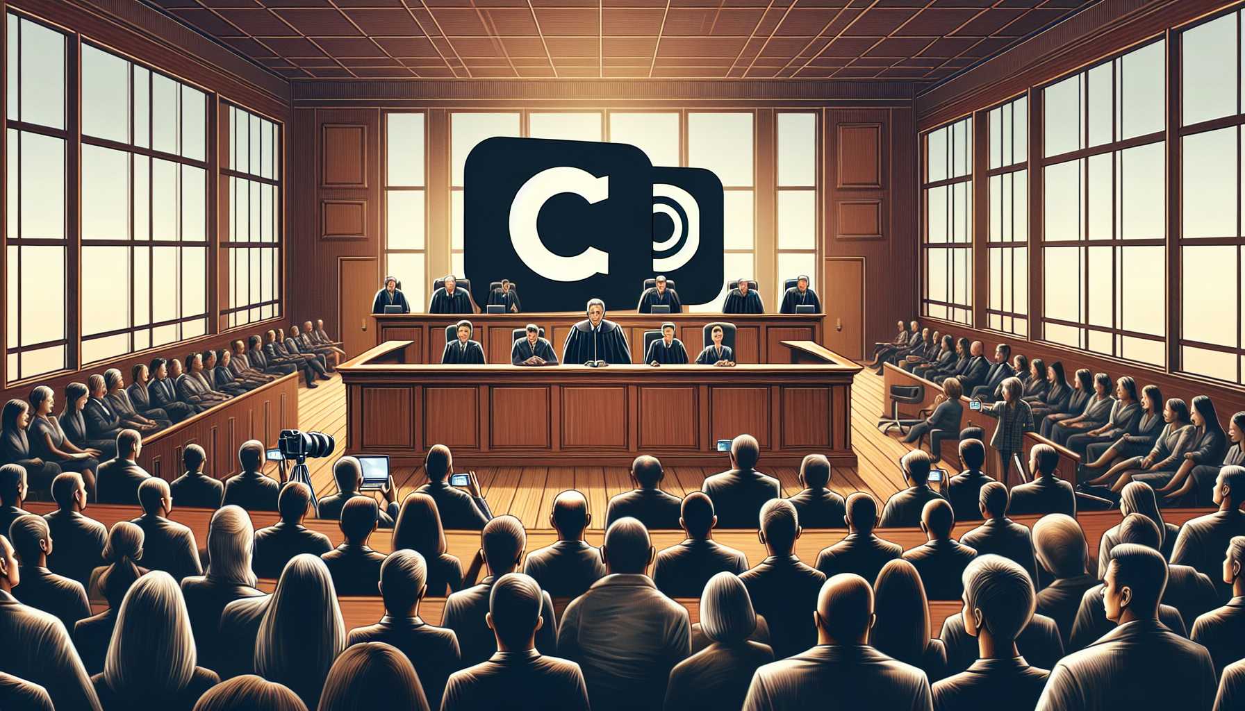 a dramatic courtroom scene with Apple's logo on the witness stand