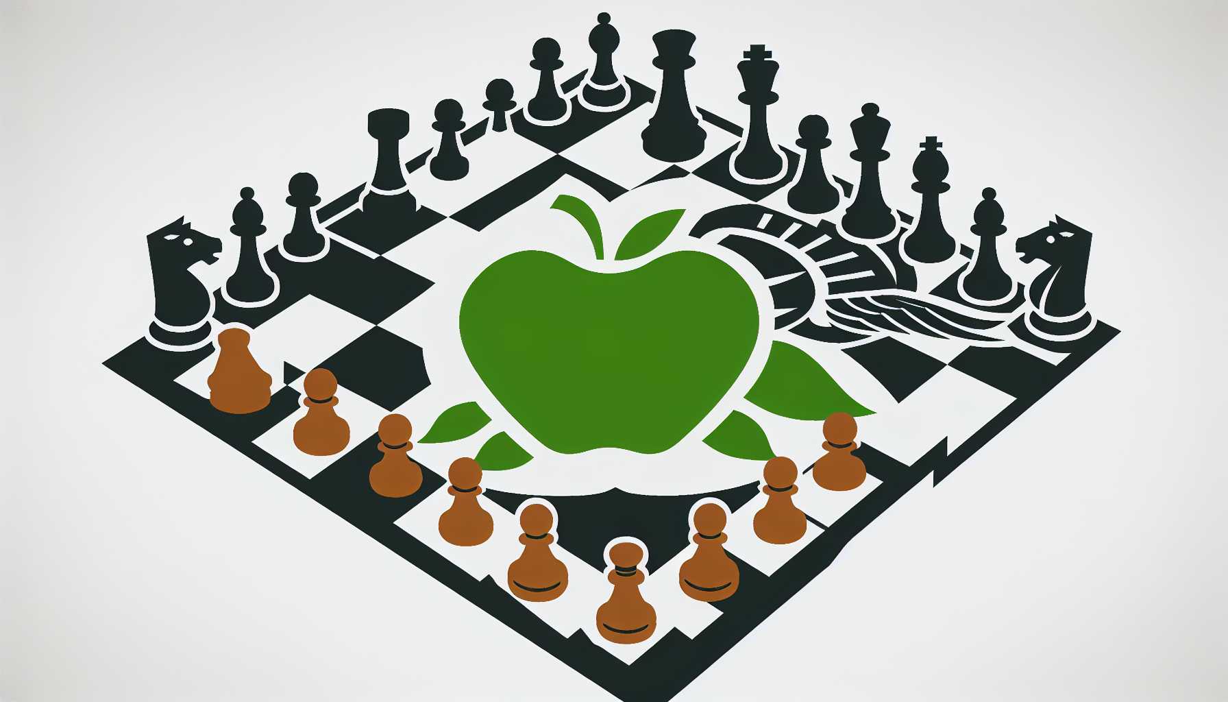 Apple logo and Justice Department logo on opposing sides of a chessboard