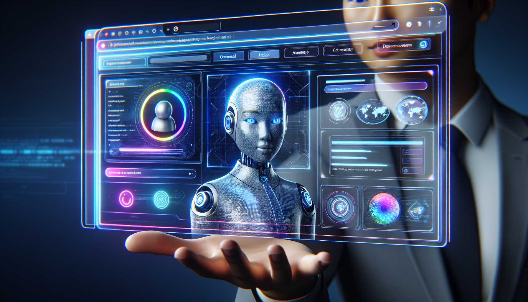 An AI assistant presenting a command bar on a futuristic browser interface