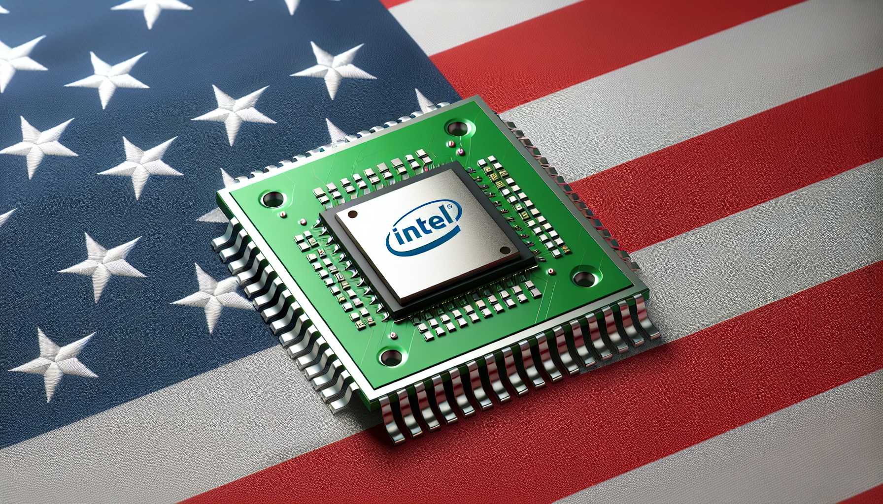 An Intel semiconductor with the CHIPS Act logo and the American flag