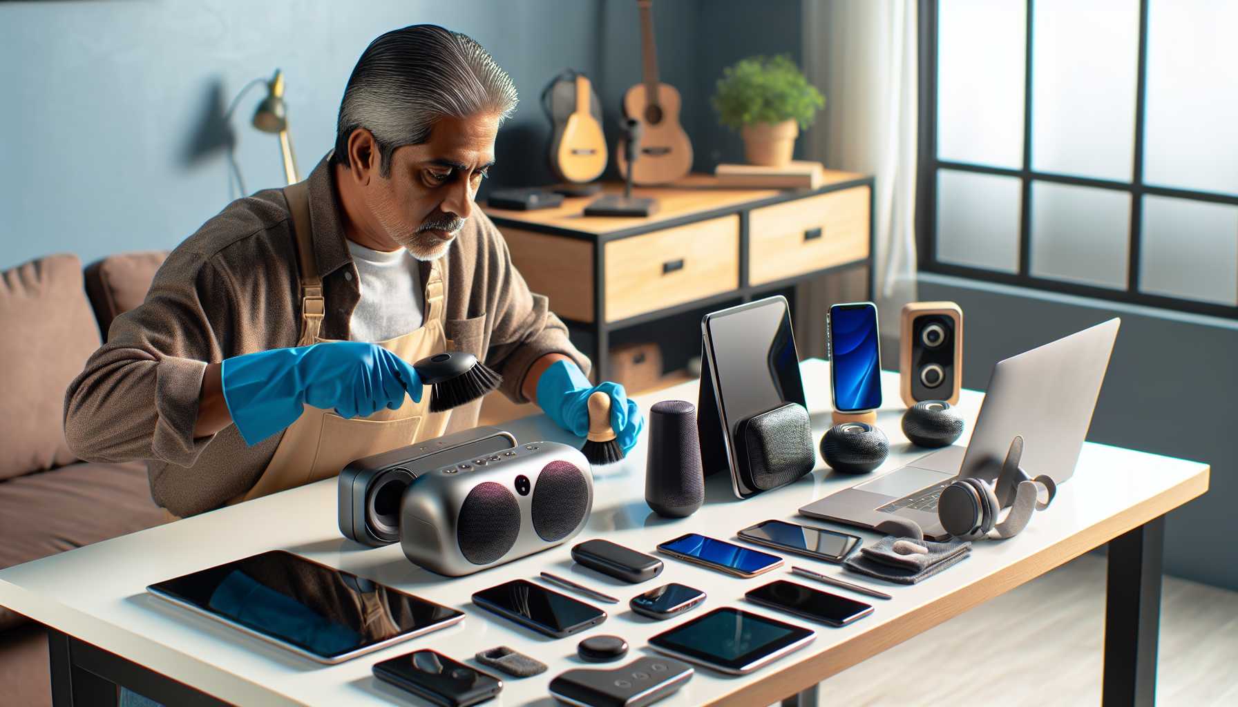 Spring cleaning of tech gadgets, arranging them neatly after dusting off