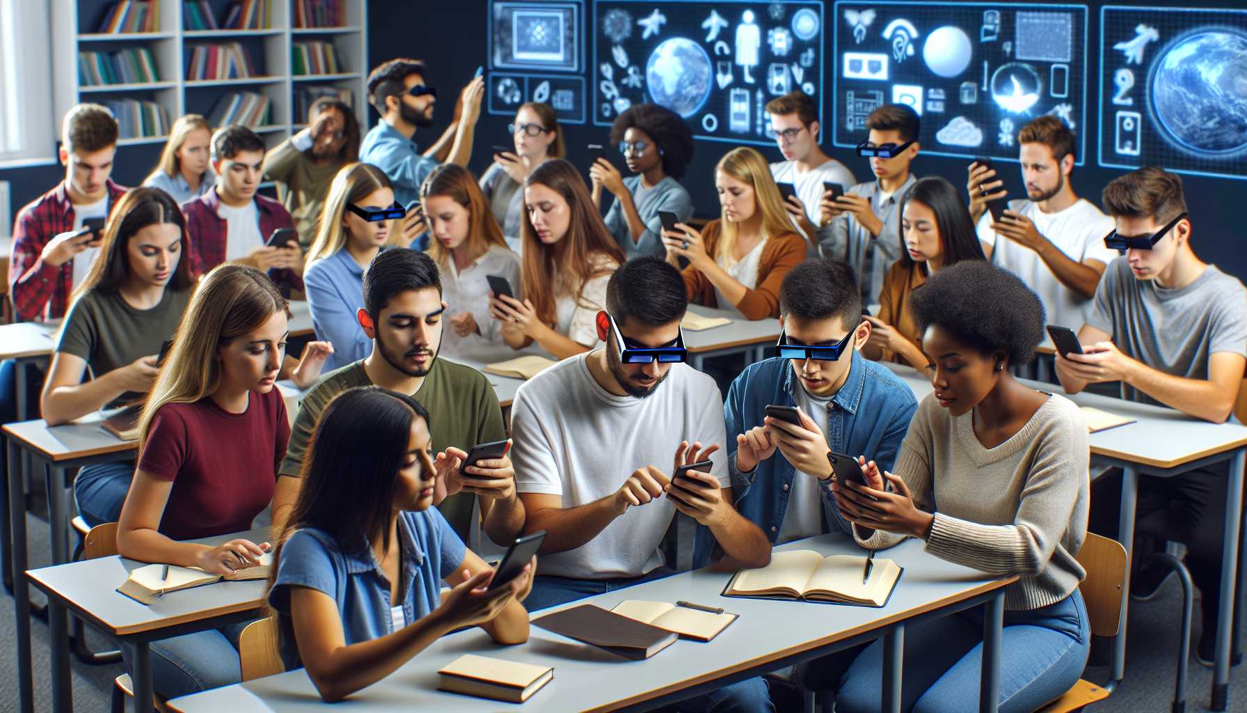 Students using augmented reality apps in a classroom