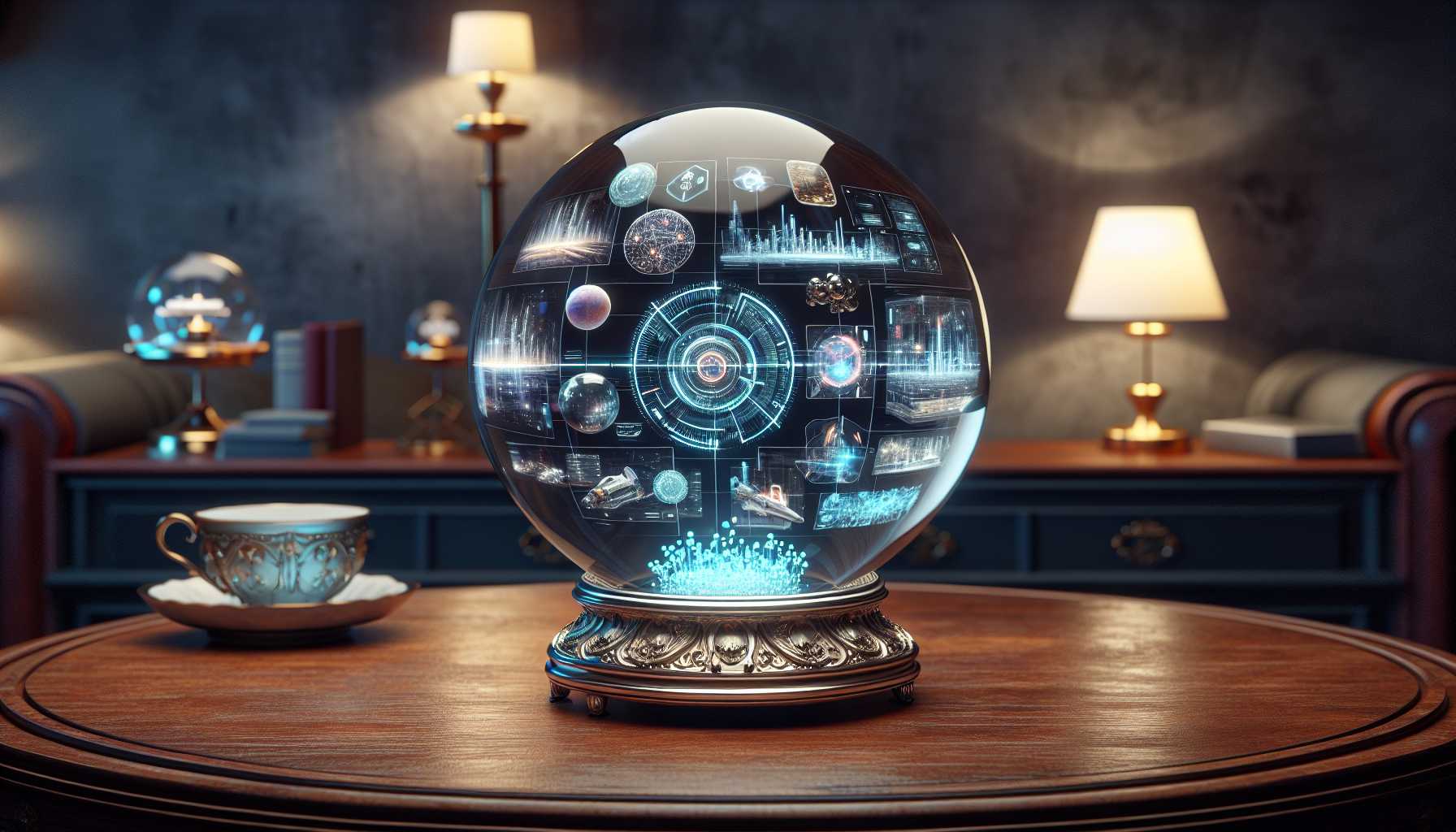 crystalline ball with tech future prediction themes