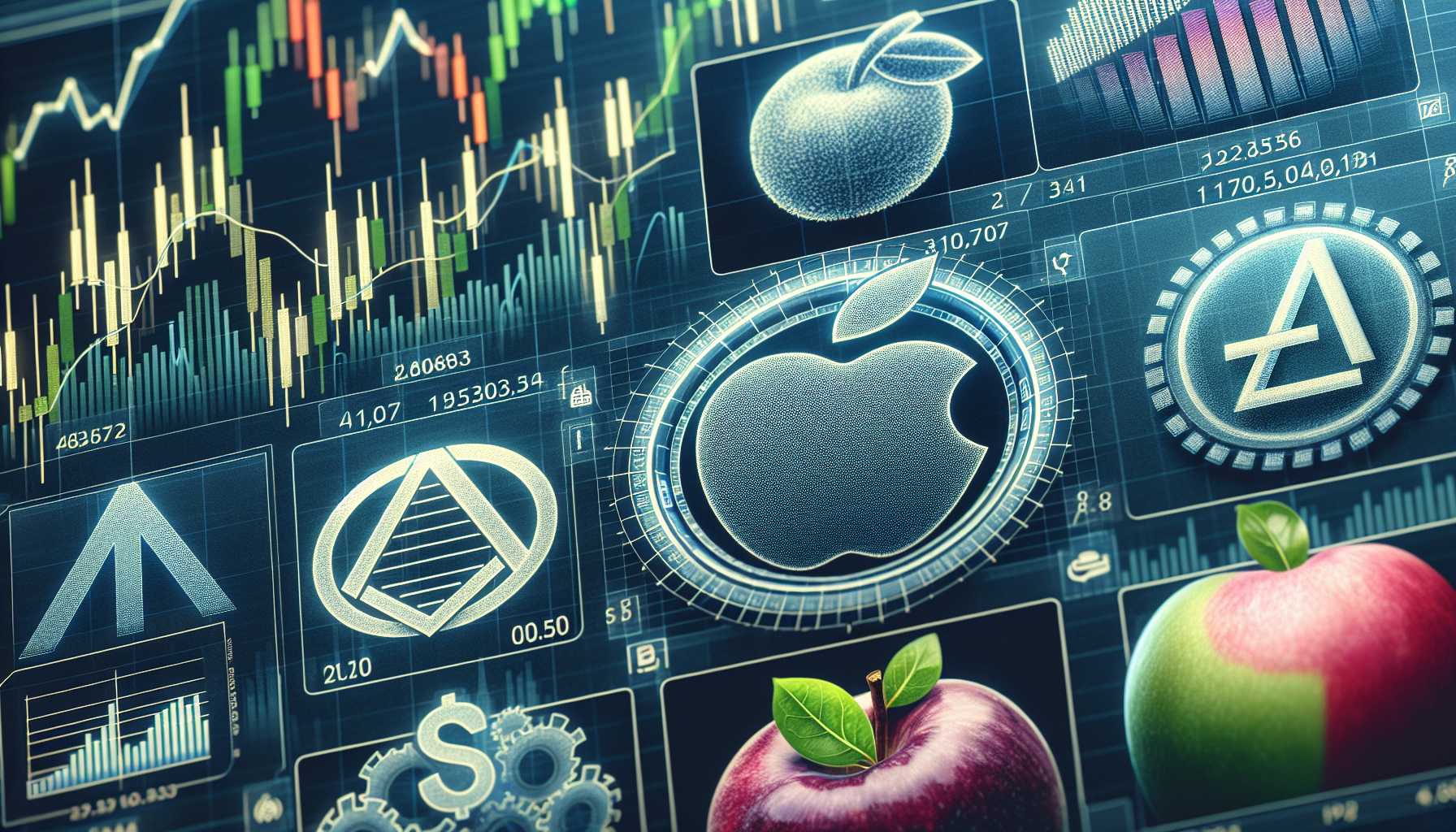 Stock market charts with logos of Alphabet, Google, Apple