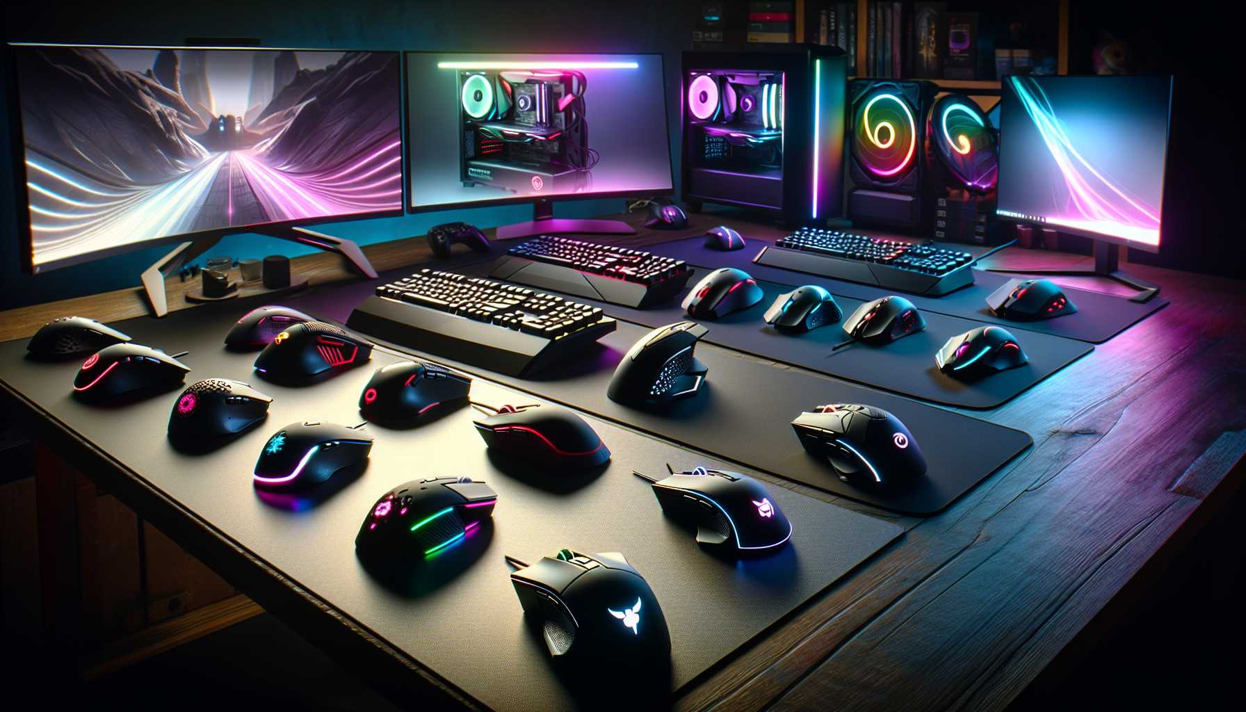 Assortment of high-end gaming mice on a gaming desk setup