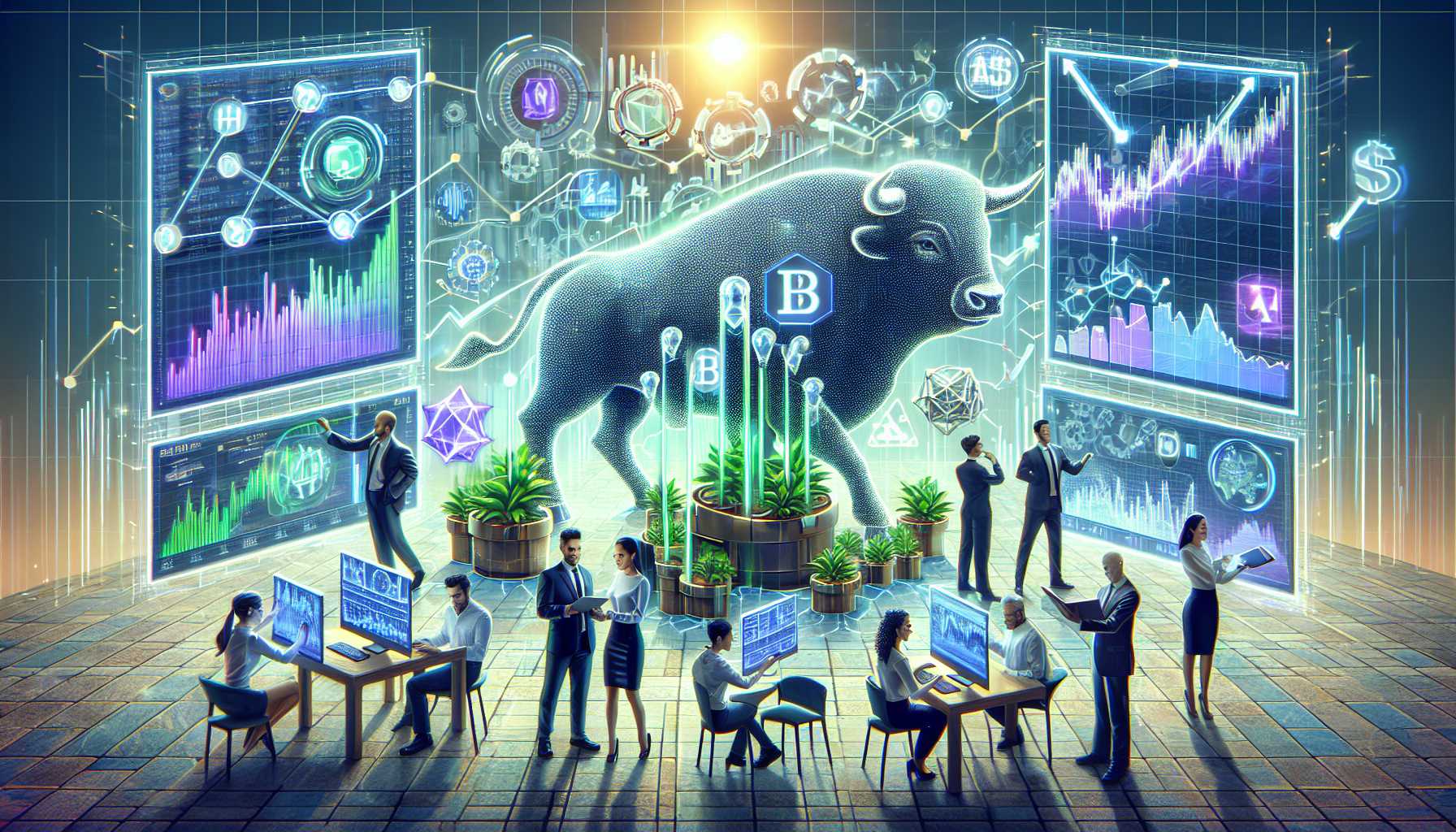 Vibrant bull market scene with AI innovation indicators