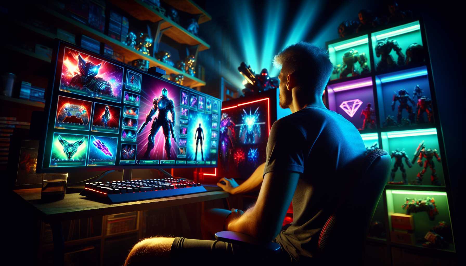 a gamer sitting in front of a computer screen with in-game purchases displayed