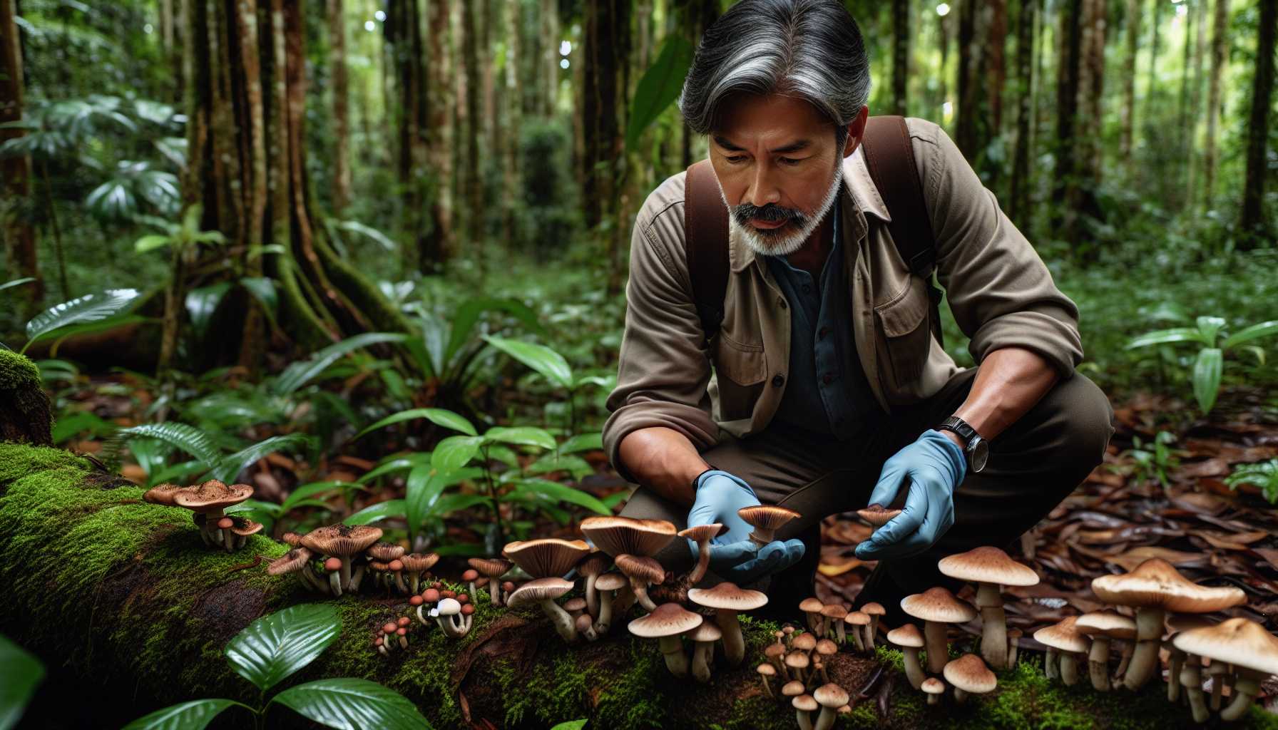 an experienced mushroom forager examining wild mushrooms in a forest