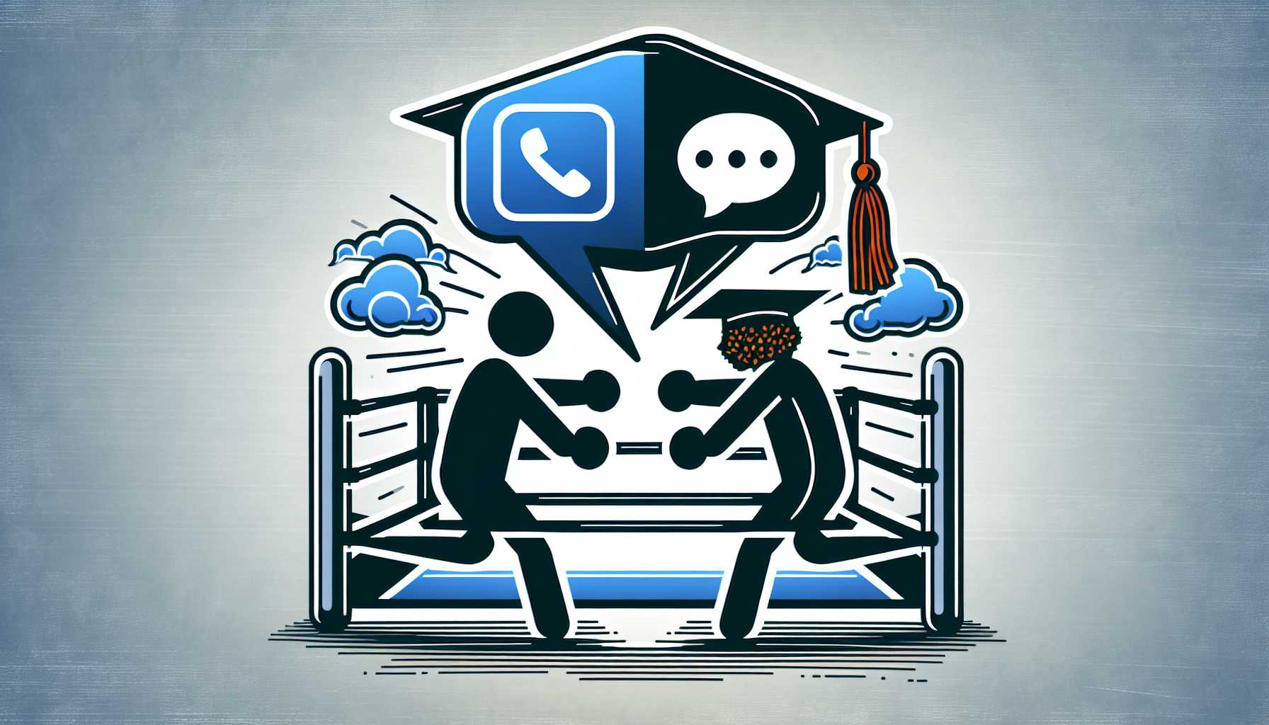 silhouettes of two mobile apps in a boxing ring, one wearing a graduation cap and the other with a predictive text bubble