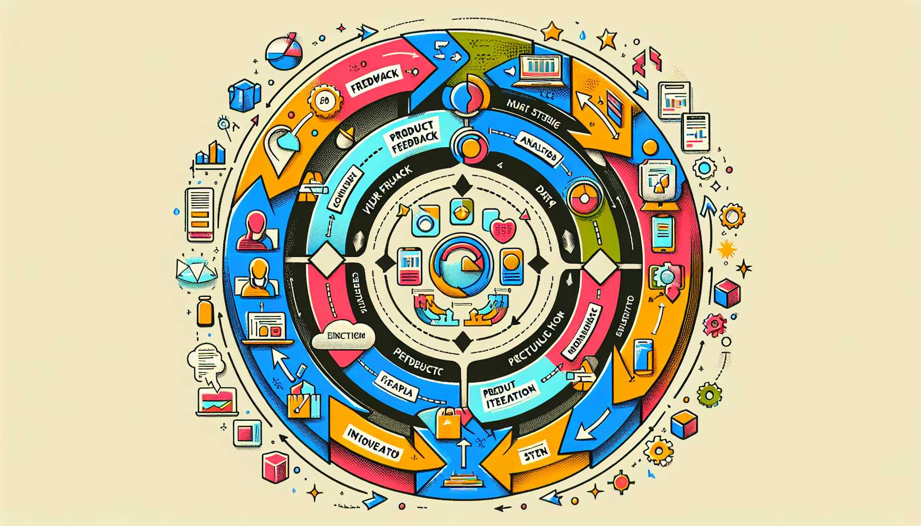 circular diagram of product feedback loop in technology with highlighted sections for user feedback, data analysis, product iteration, and user testing