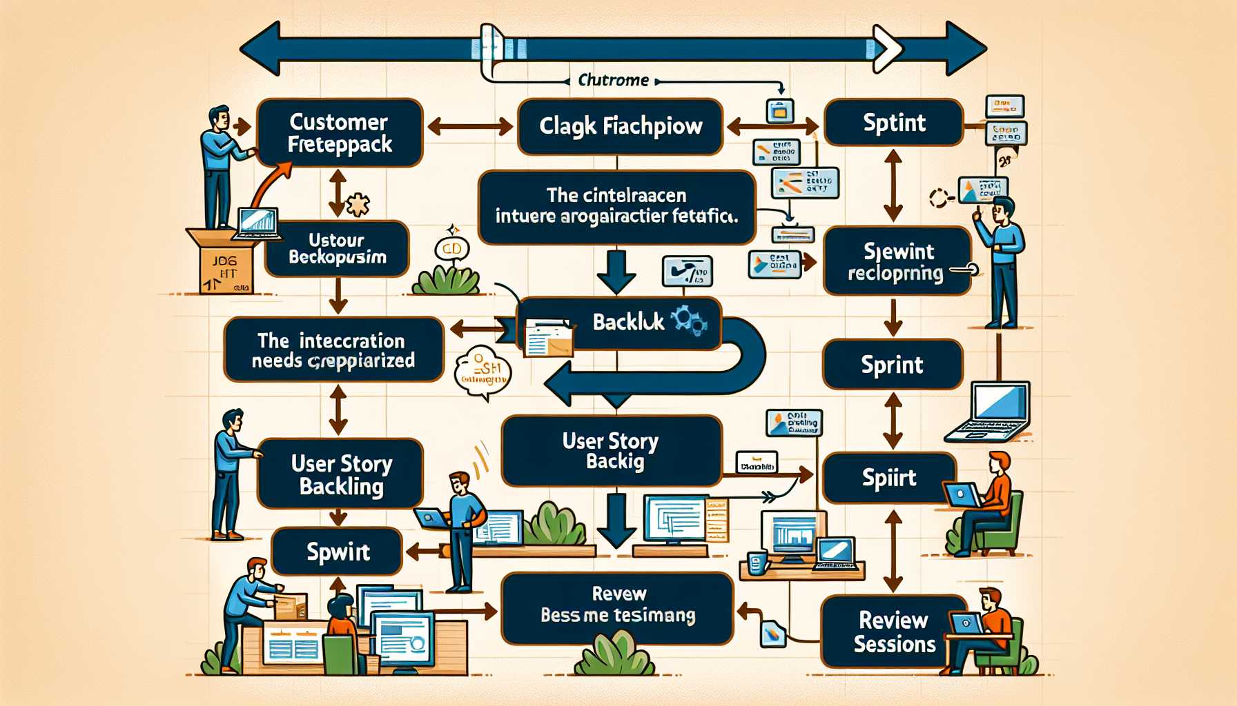 agile development process flowchart including stages for customer feedback integration, user story backlog, sprint planning, and review sessions