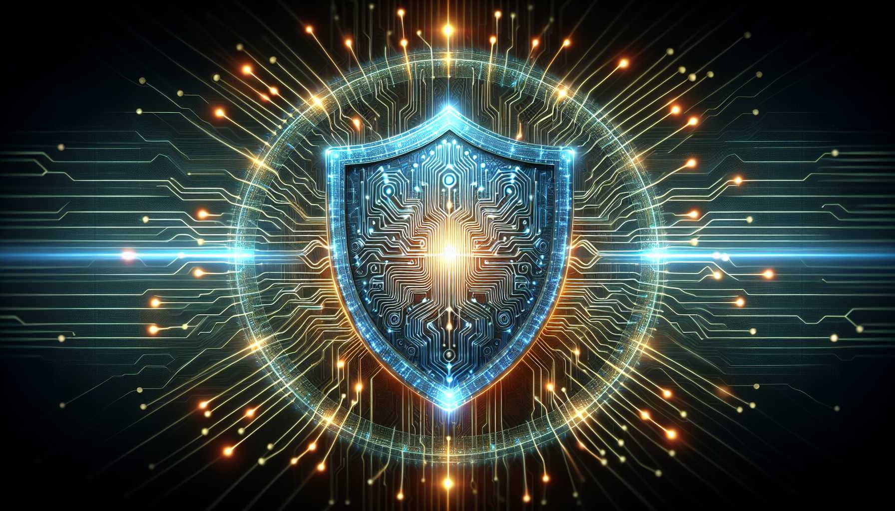 cybersecurity data shield glowing with artificial intelligence circuits