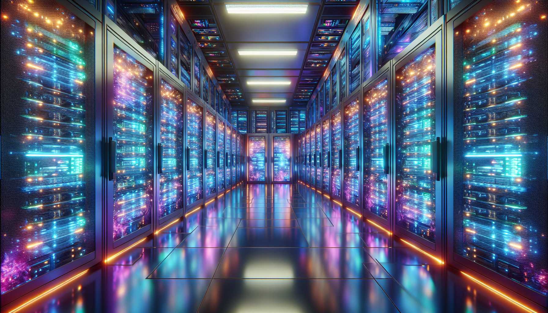 futuristic data center with glowing AI-powered servers