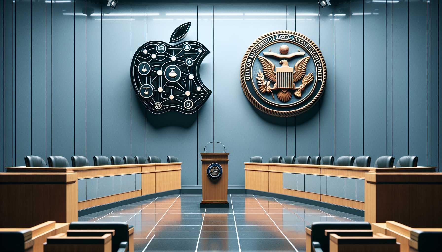 a modern courtroom with a large Apple logo and U.S. Department of Justice seal facing each other