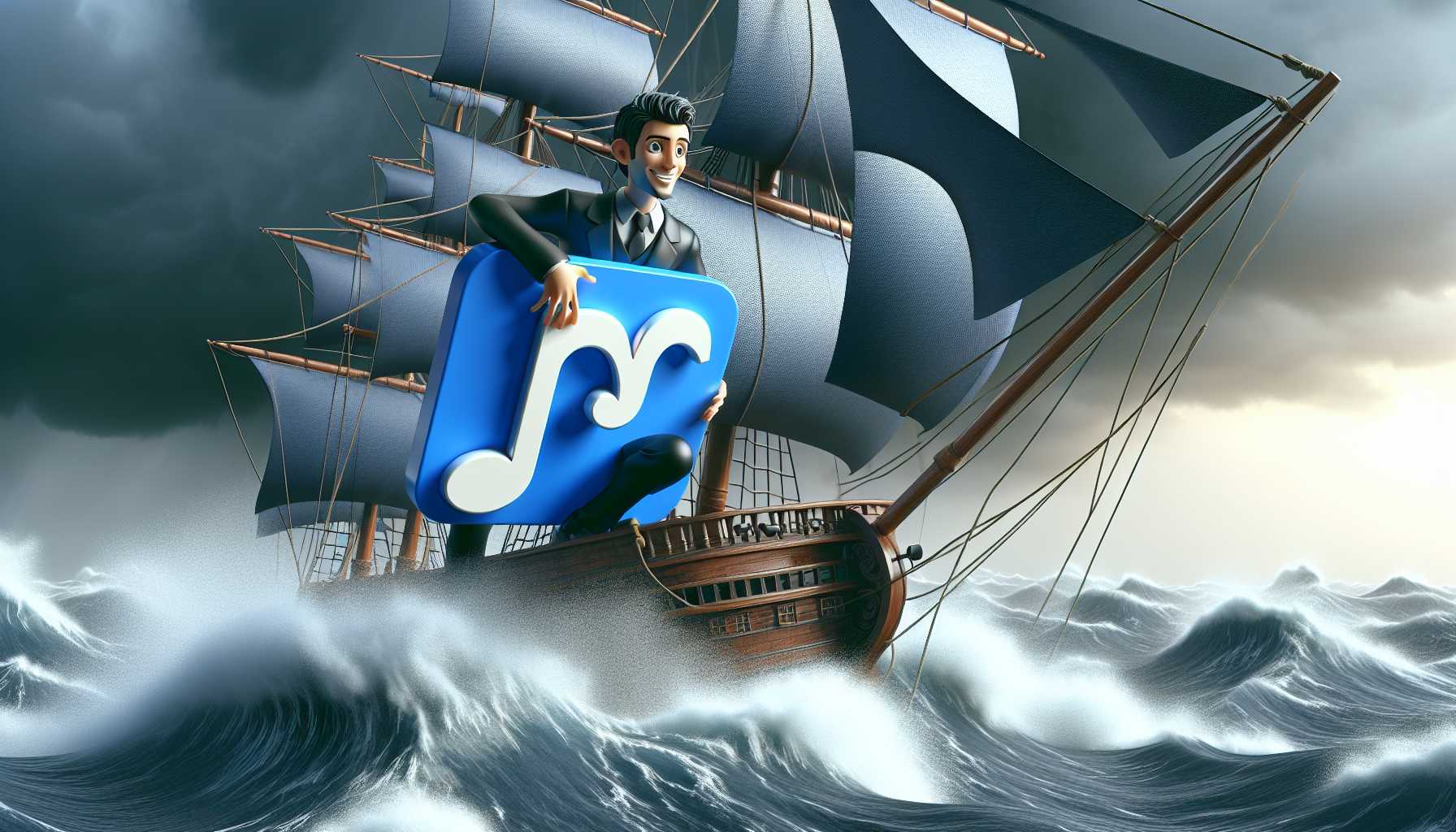 an animated Shark Tank personality holding a TikTok logo aboard a ship in stormy seas