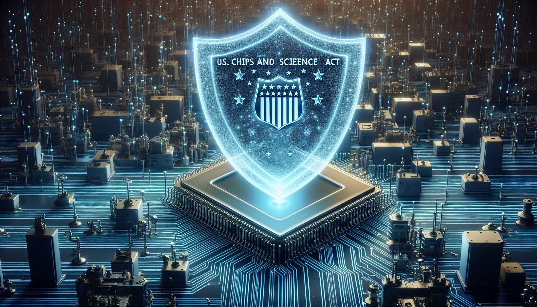 dynamic artwork of the U.S. CHIPS and Science Act represented as a protective shield over American semiconductor production