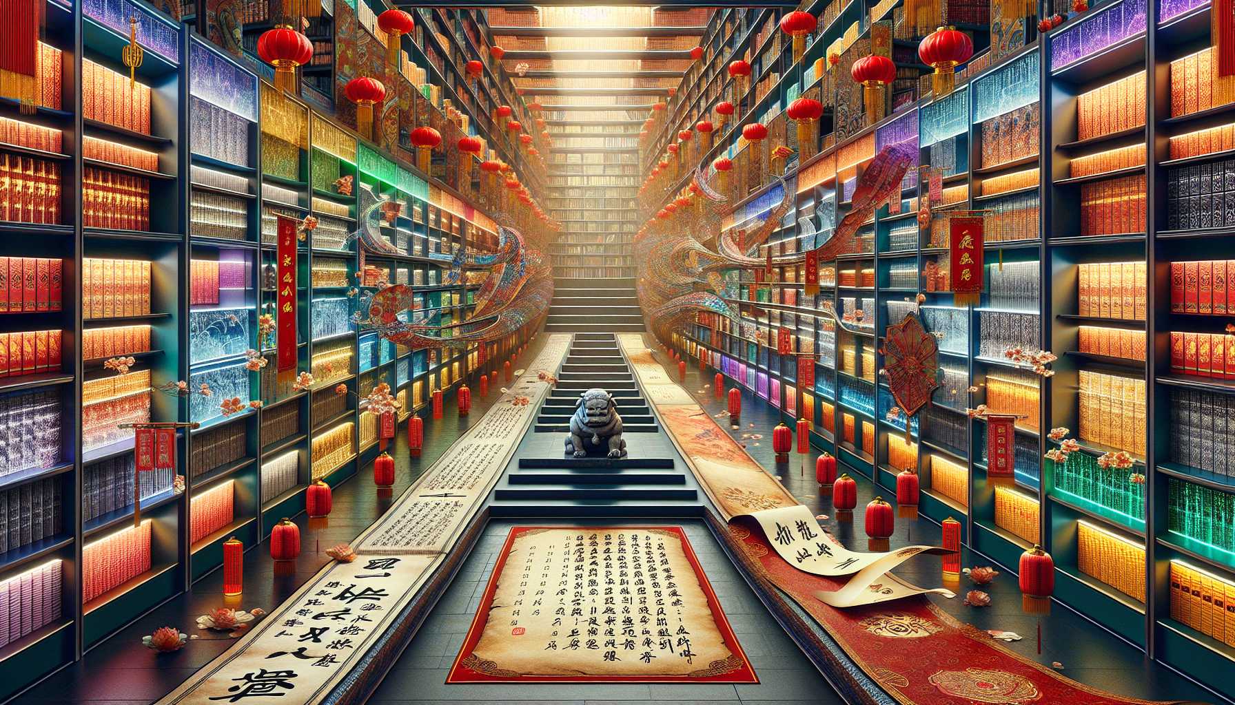 a whimsical digital library representing database software with elements of traditional Chinese culture