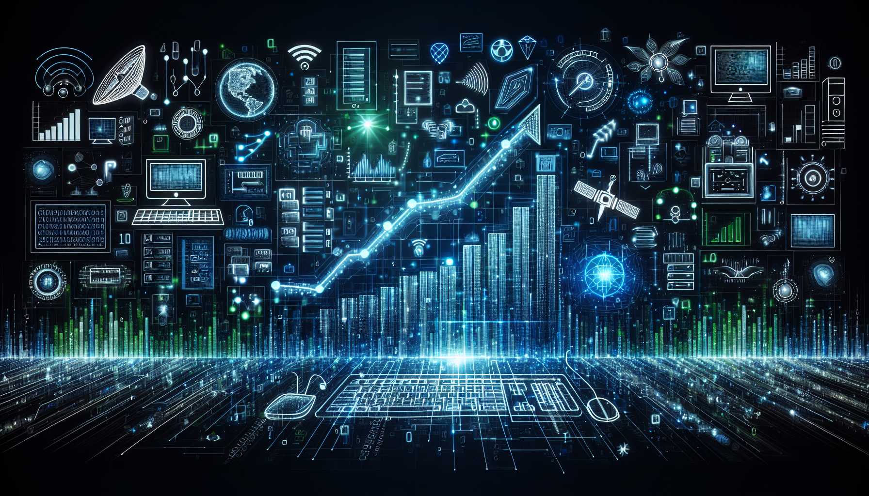 Abstract representation of stock market growth with tech symbols