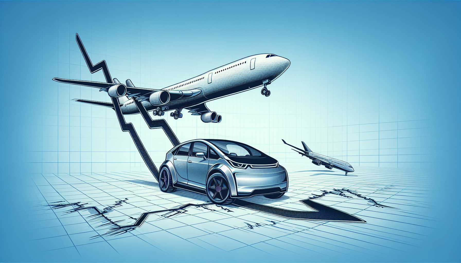 Illustration of a Tesla car and a Boeing airplane descending on a stock graph