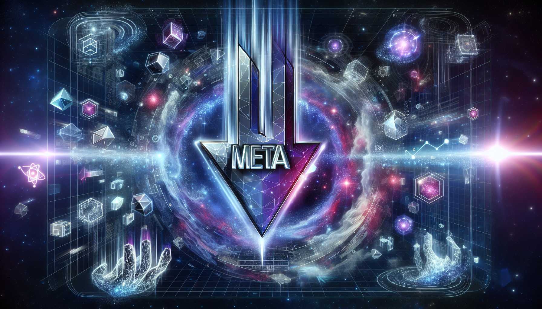 Meta logo emerging from a downtrend line against a background of virtual reality concepts