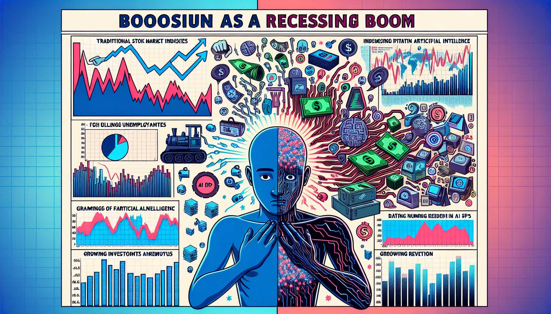 Economic indicators such as charts and graphs depicting a recession concern amidst AI boom