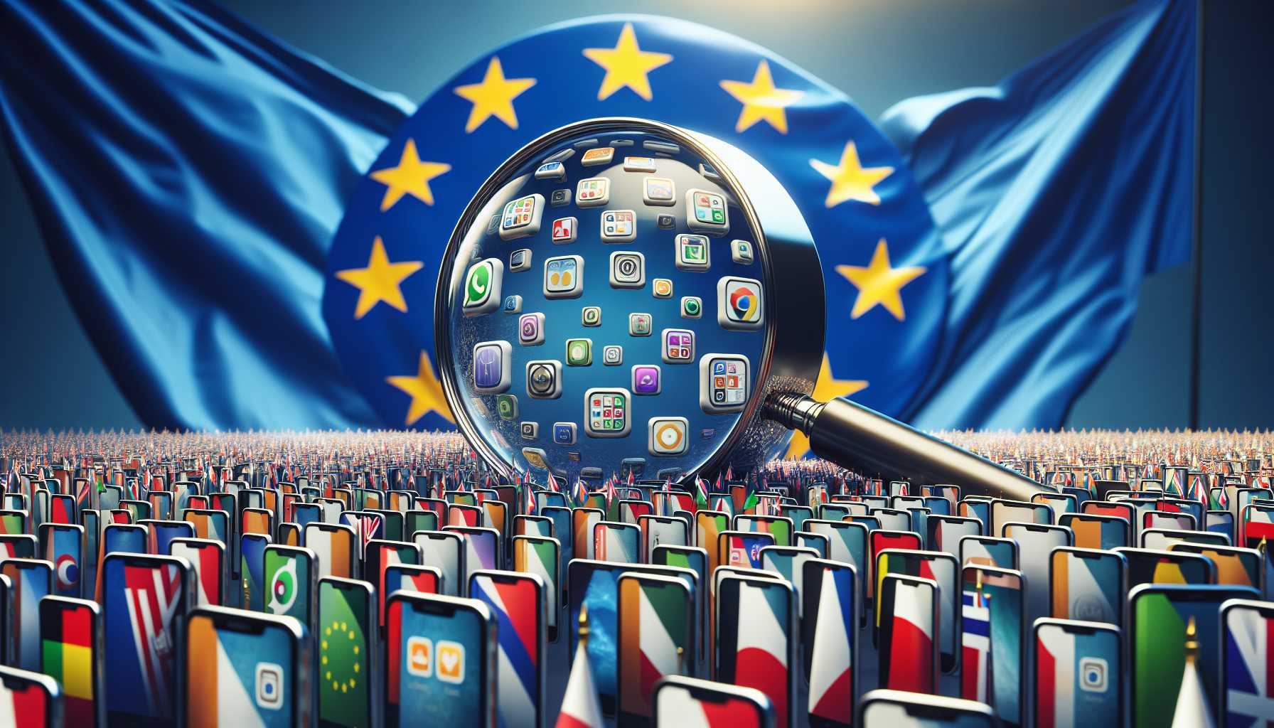 a giant magnifying glass over smartphones showing app store interfaces, with EU flags in the background