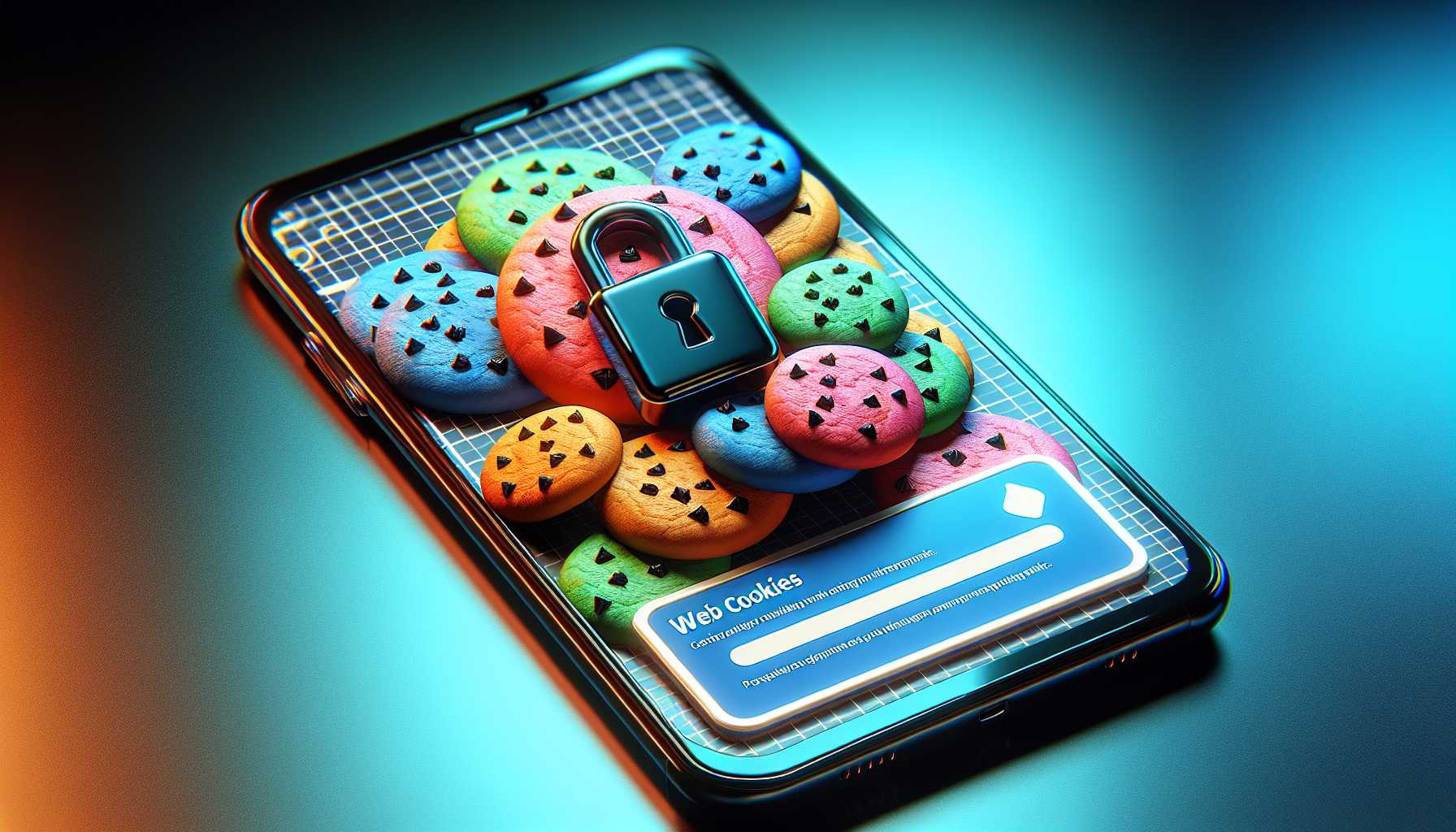 a digital ad being served on a smartphone screen with cookies and a lock symbol representing privacy