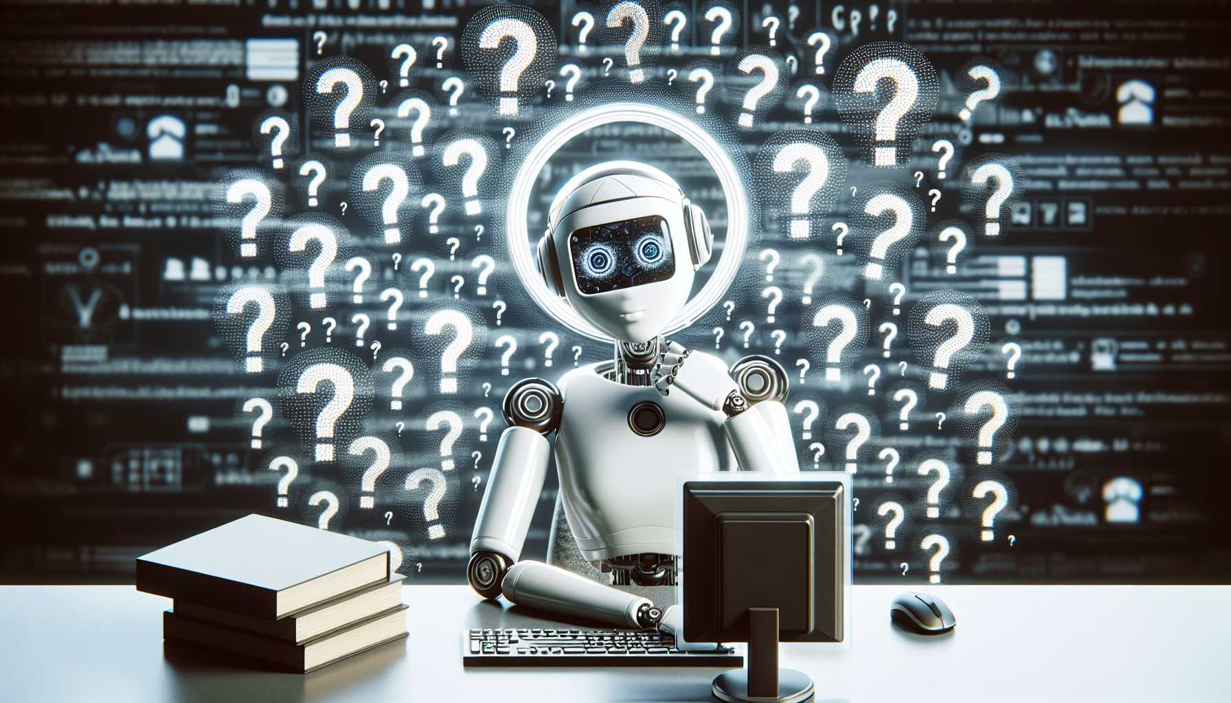 an AI bot sitting at a computer desk with windows logo, surrounded by question marks and lightbulbs