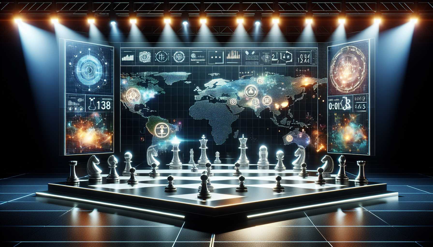 dramatic portrayal of AI companies competing on a global stage