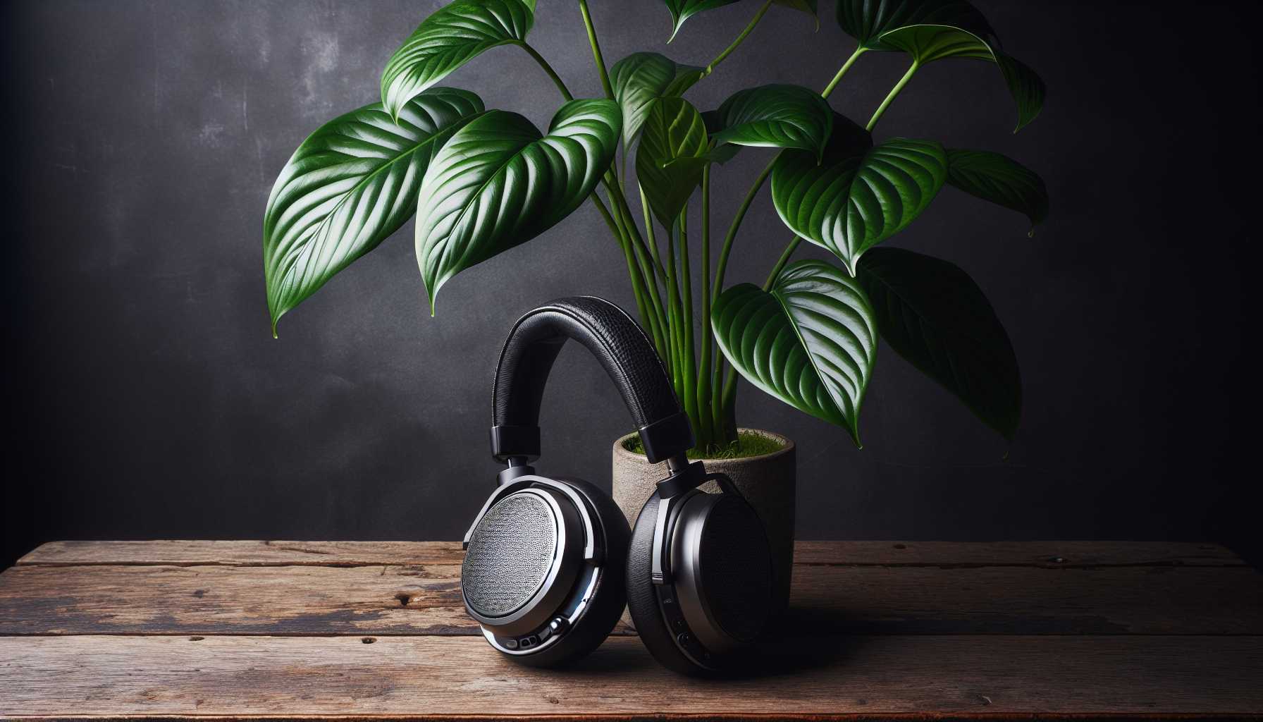 Stylish, over-ear headphones resting on a table next to a houseplant