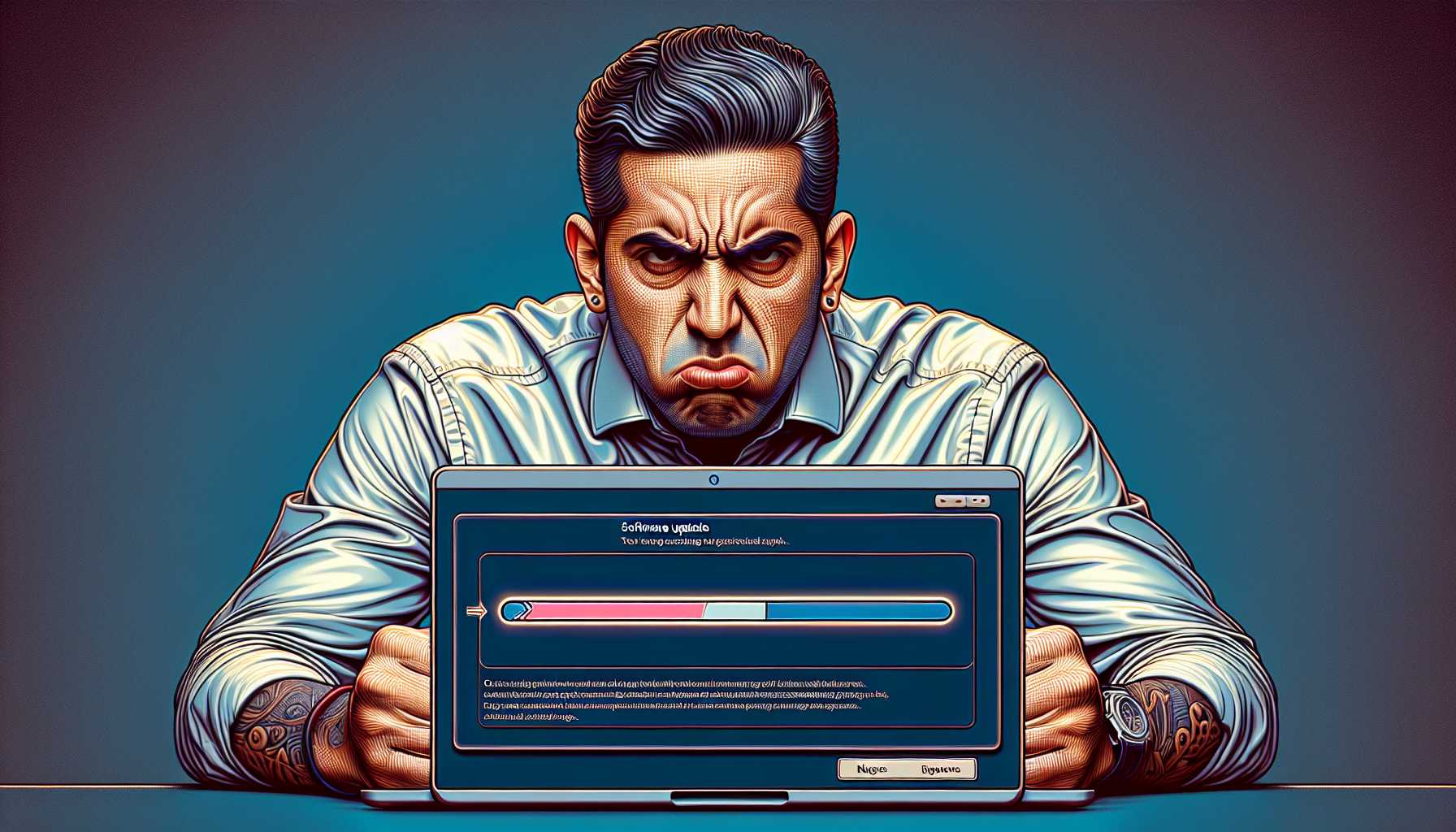A frustrated user encountering an error on a device while a software update progress bar is in the background
