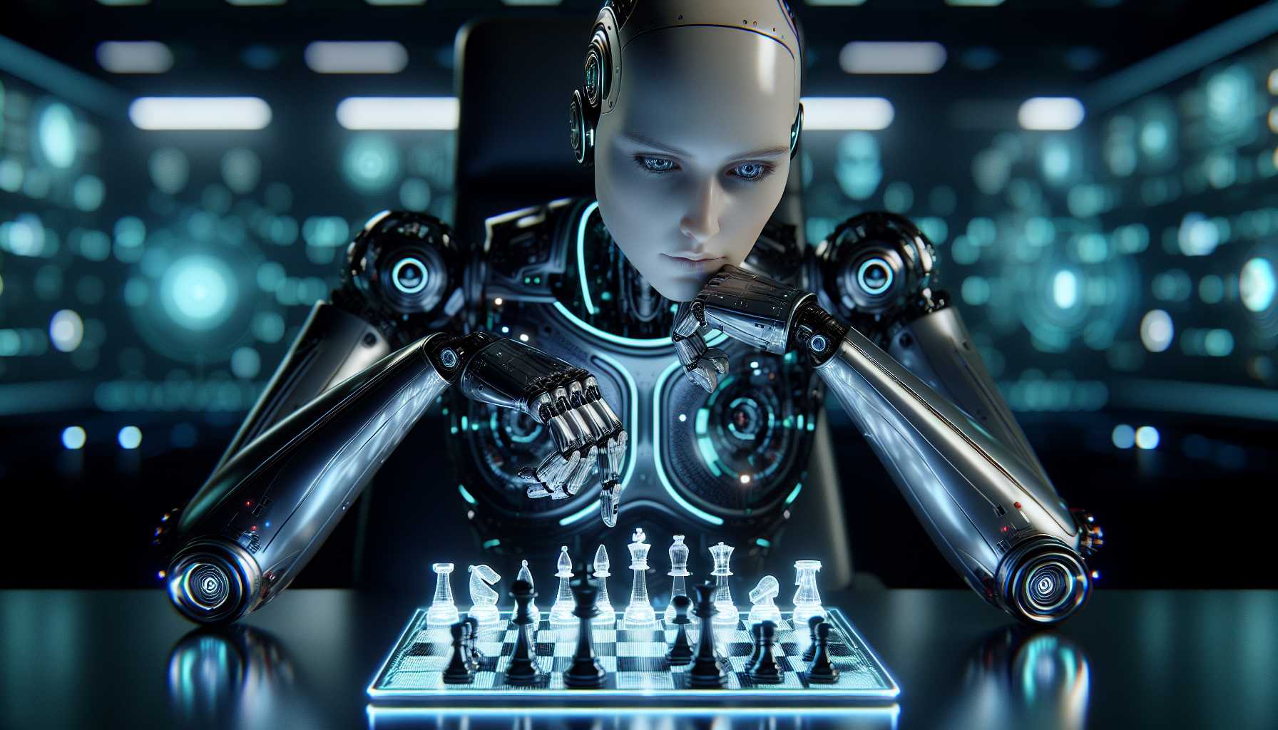 a futuristic AI human-like robot contemplating a chessboard